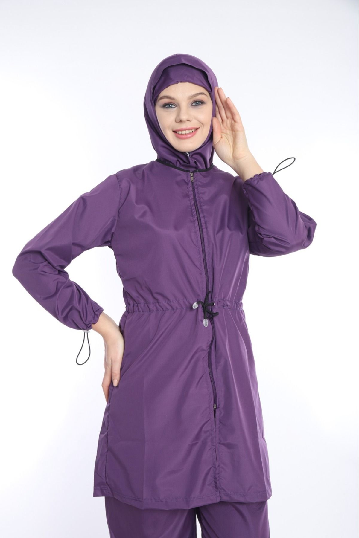 TUTUYA TEXTIL Bağlama Detaylı BATTAL BOY 4 Parça Tesettür Mayo, Fermuarlı Takım