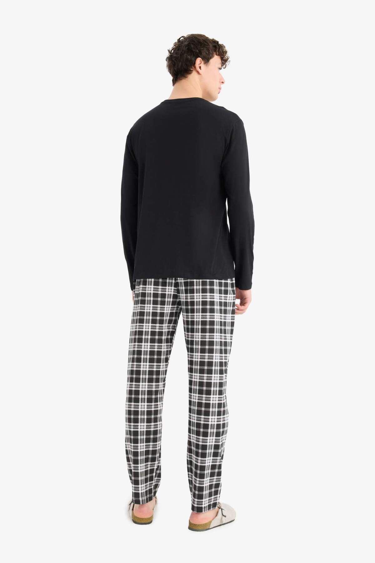 DeFacto-Regular Fit Pajama Set Long Sleeve Top Elastic Waist Checked Bottom E0510Ax25Sp 7