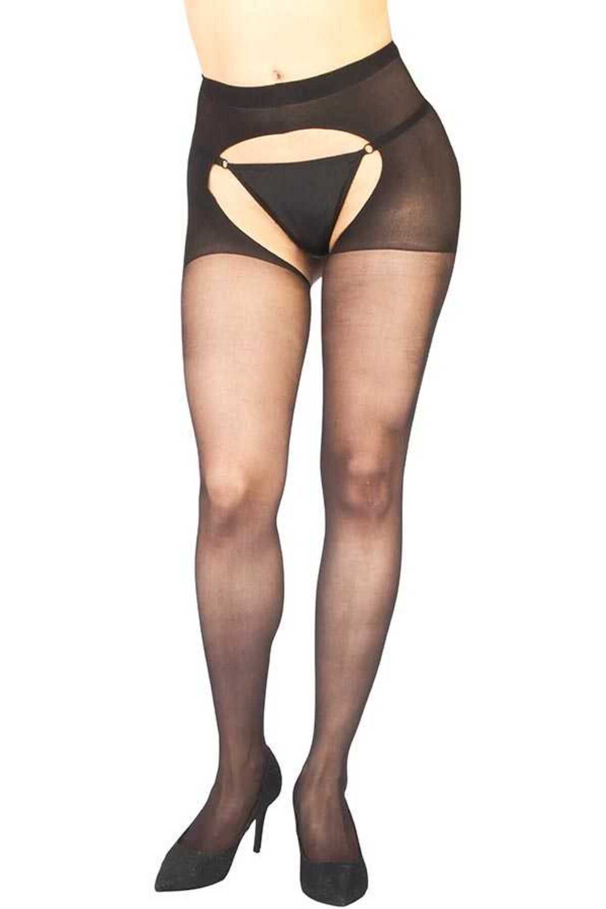 İntive Lingerie Siyah Özel Bölgesi Açık Fantazi Külotlu Çorap TM1078