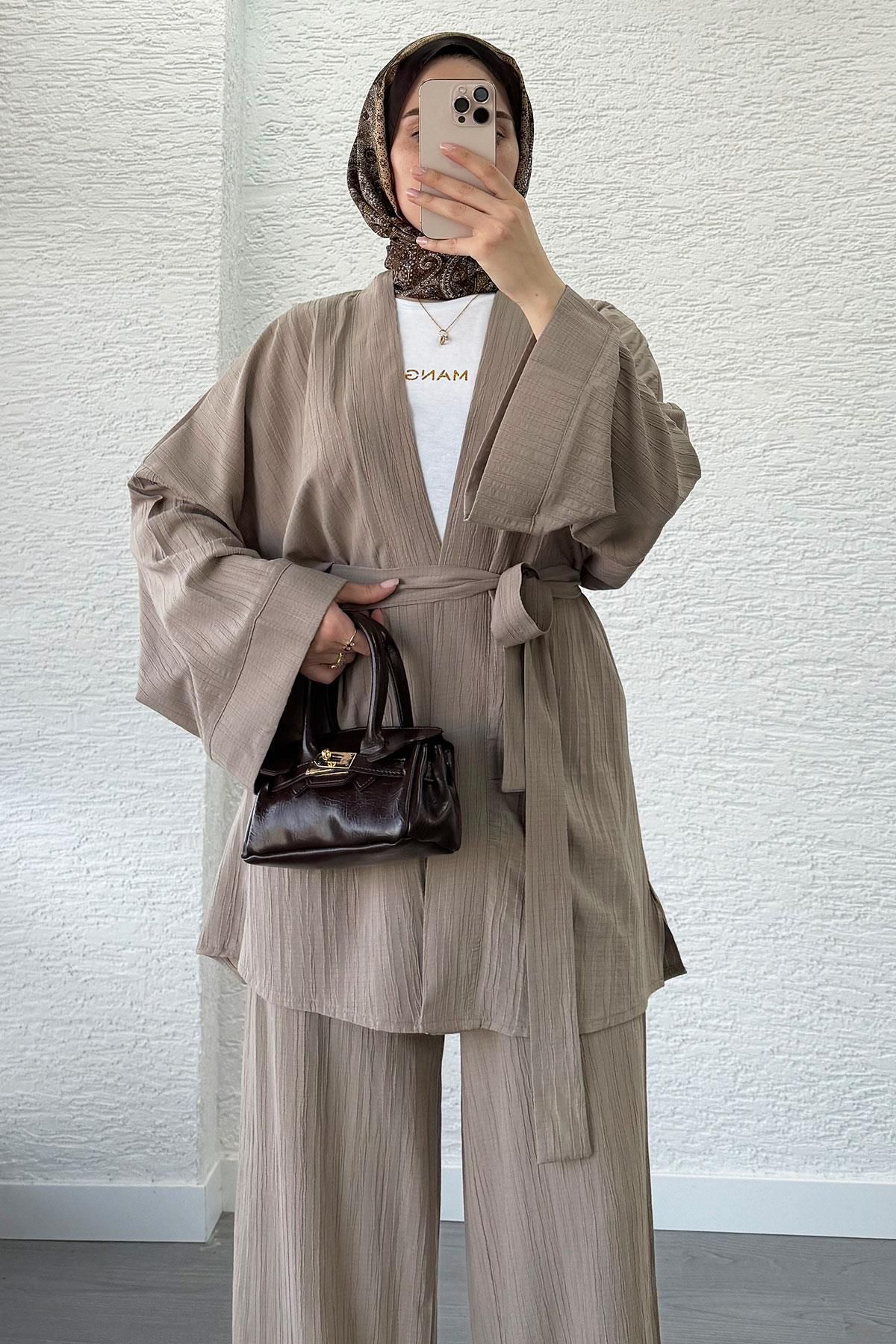 MELEK ARAZ İkili Kimono Pantolon Takım-Vizon