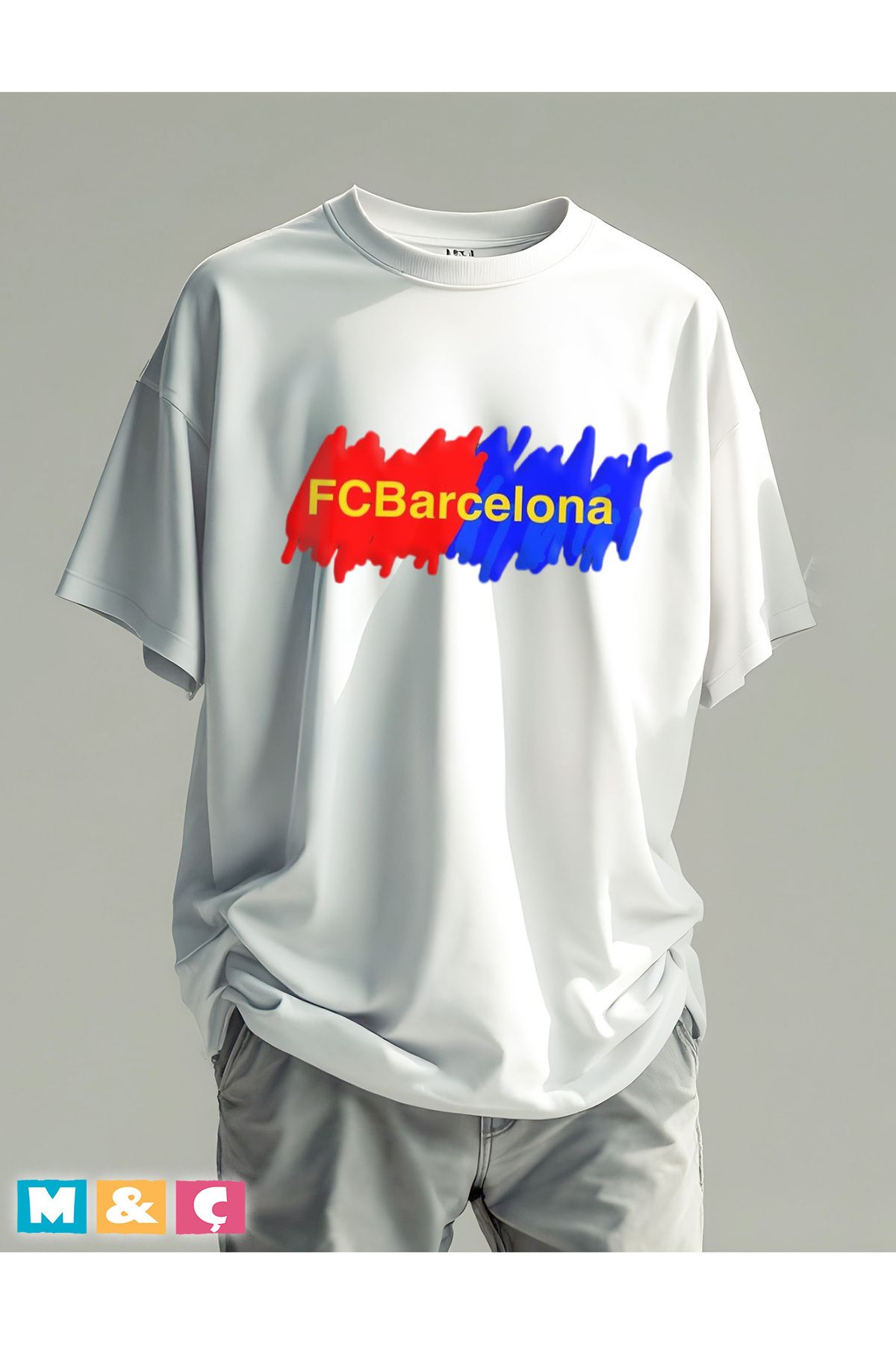 MÇ FAMİLY STORe OVERSİZE 100% PAMUKLU TİŞÖRT FCBARCELONA T-SHİRT BASKILI FORMA BEYAZ