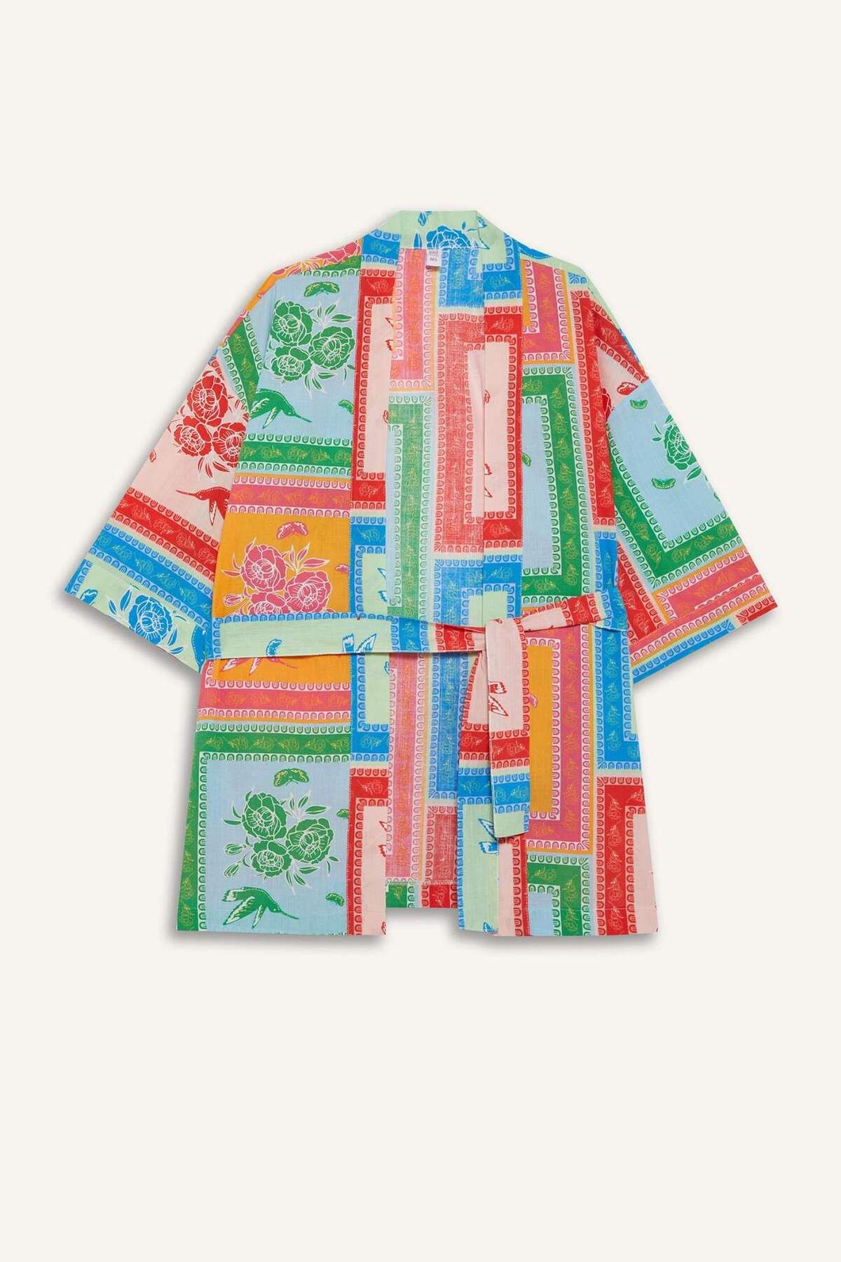 DeFacto Regular Fit Desenli Kuşaklı Pamuklu Kimono-Fall in Love D0453AX25SP