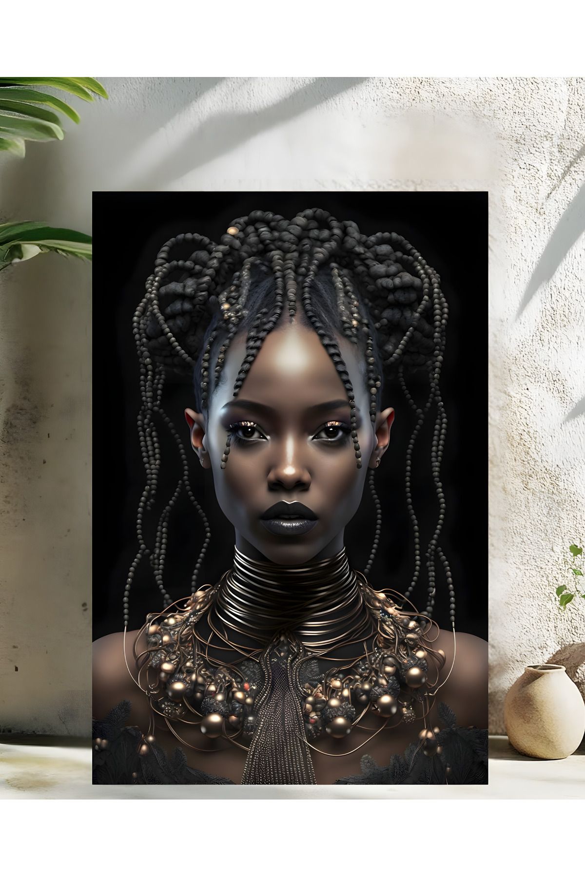 Levhane Afro Sanat Temalı Metal Tablo - Kadın Portre & Soyut Tasarım - 1 mm Alüminyum - UltraHD Baskı