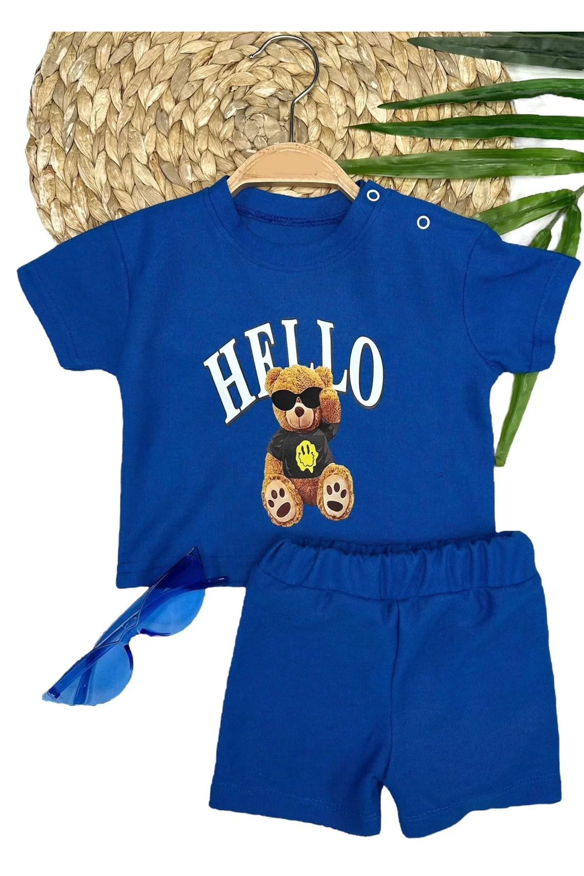 Wear Hype 9-12-18-24 Ay Hello Gözlüklü Ayıcık Baskılı Şortlu Kısa Kollu Tişört 2li Erkek Bebek Takımı