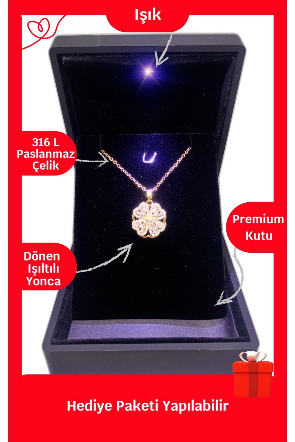 ganispe Işıklı Premium Kutuda | Dönen Yonca Çelik Kolye Gold Renk | 316l Çelik - Kararmaz | Hediye Paketi