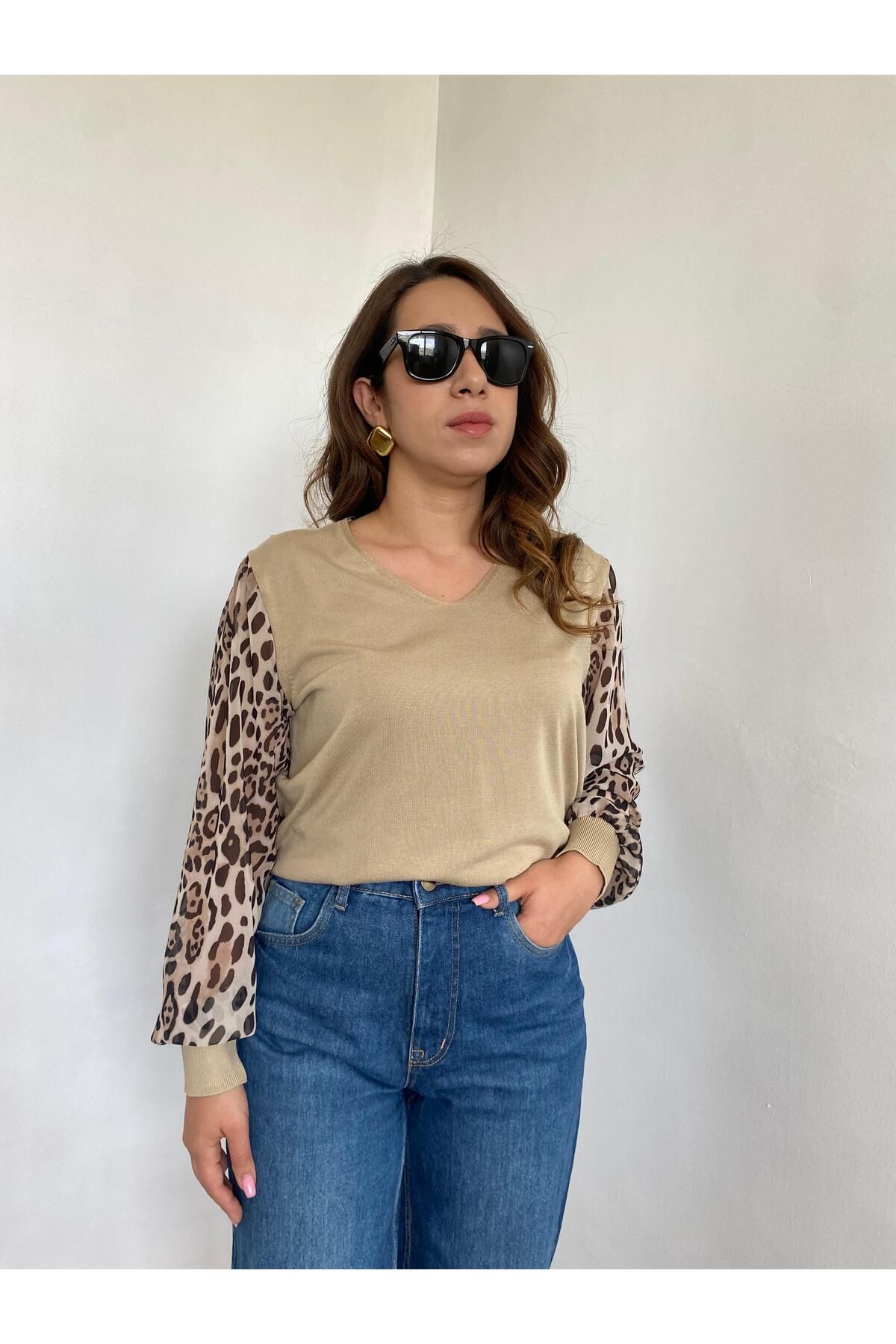 Gizybutik Leopar Kol Detay Triko Bluz