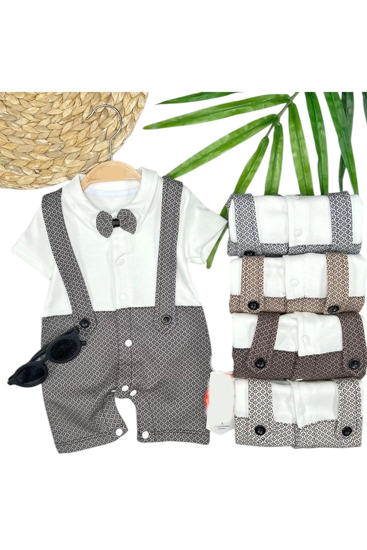 Wear Hype 3-6-9-12 Ay Papyon Detaylı Piti Kare Baskılı Salopet Görünümlü Erkek Bebek Tulumu