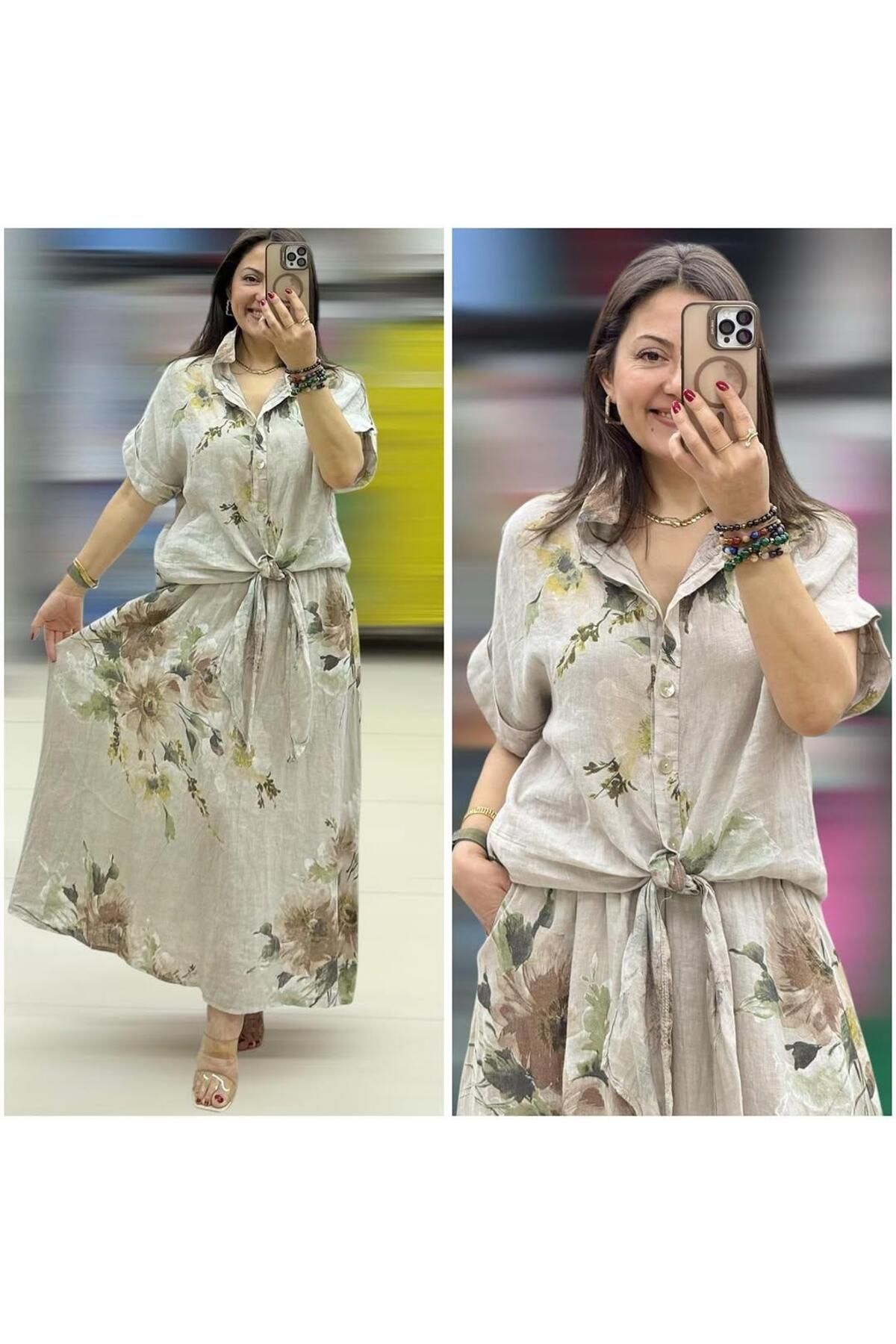 Hanımefendi Butik İtalyan Keten Etek Takım - BEJ