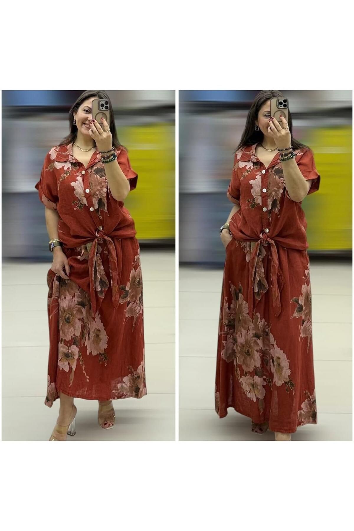 Hanımefendi Butik İtalyan Keten Etek Takım - KİREMİT