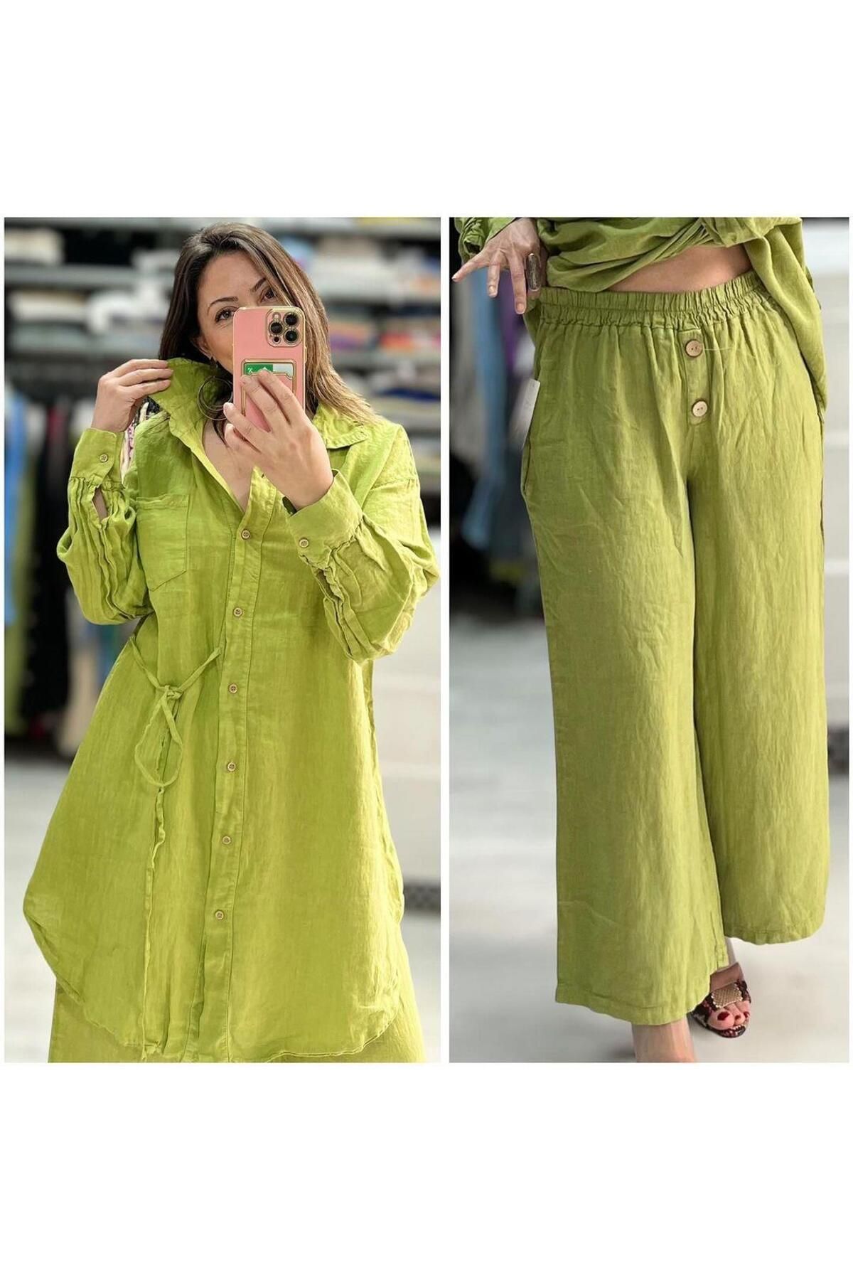 Hanımefendi Butik İtalyan Keten Tunik Takım - YAĞ YEŞİLİ