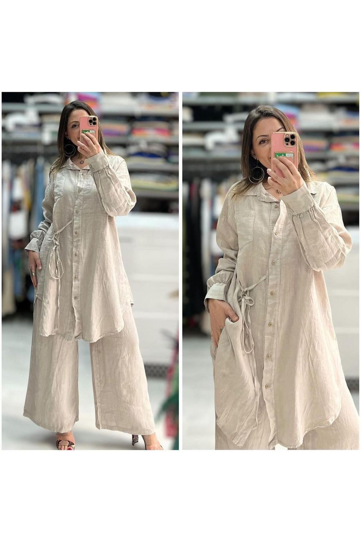 Hanımefendi Butik İtalyan Keten Tunik Takım - BEJ
