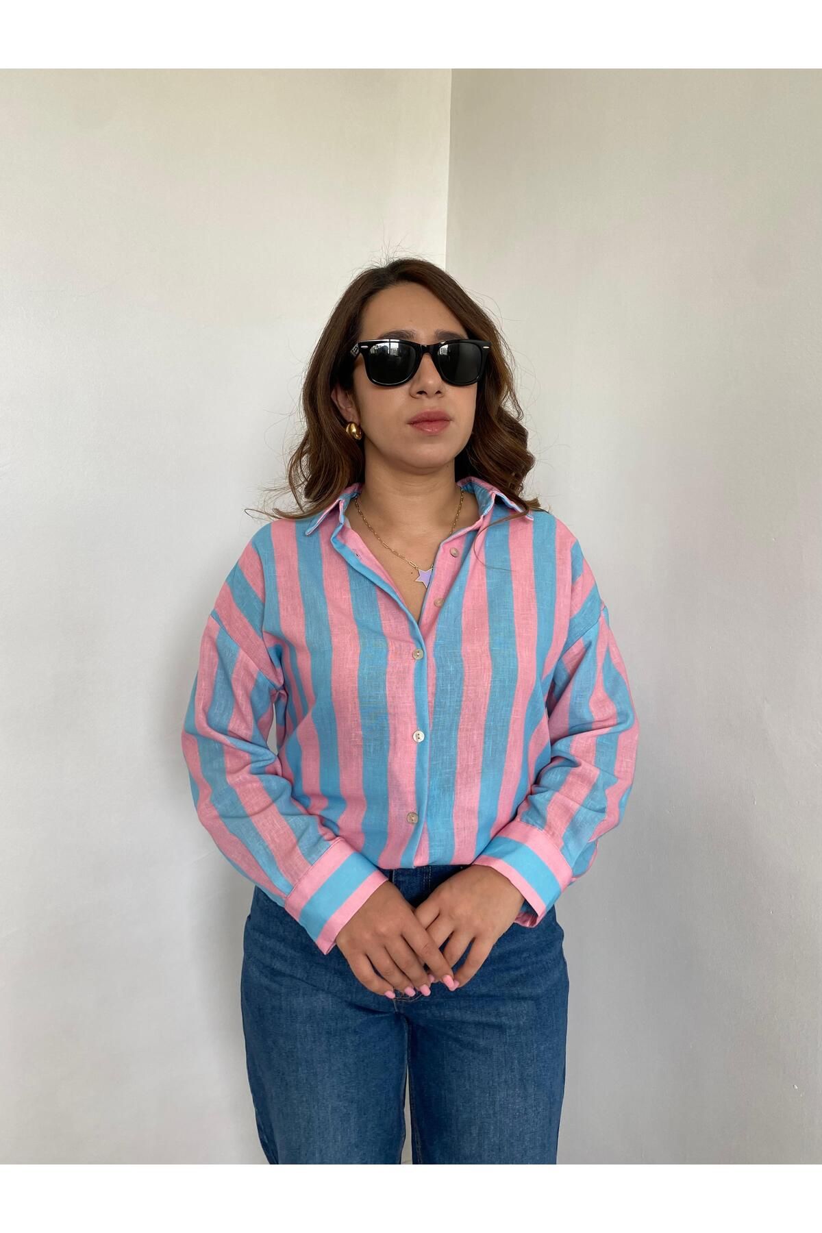 Gizybutik Pembe-Mavi Çizgili Keten Gömlek