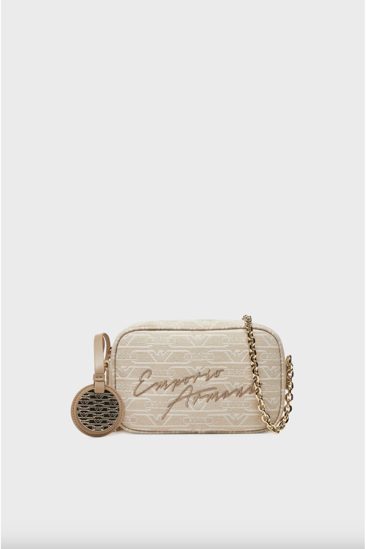 Emporio Armani Jacquard Canvas Camera Case with all-over Monogram and Chain Shoulder Strap