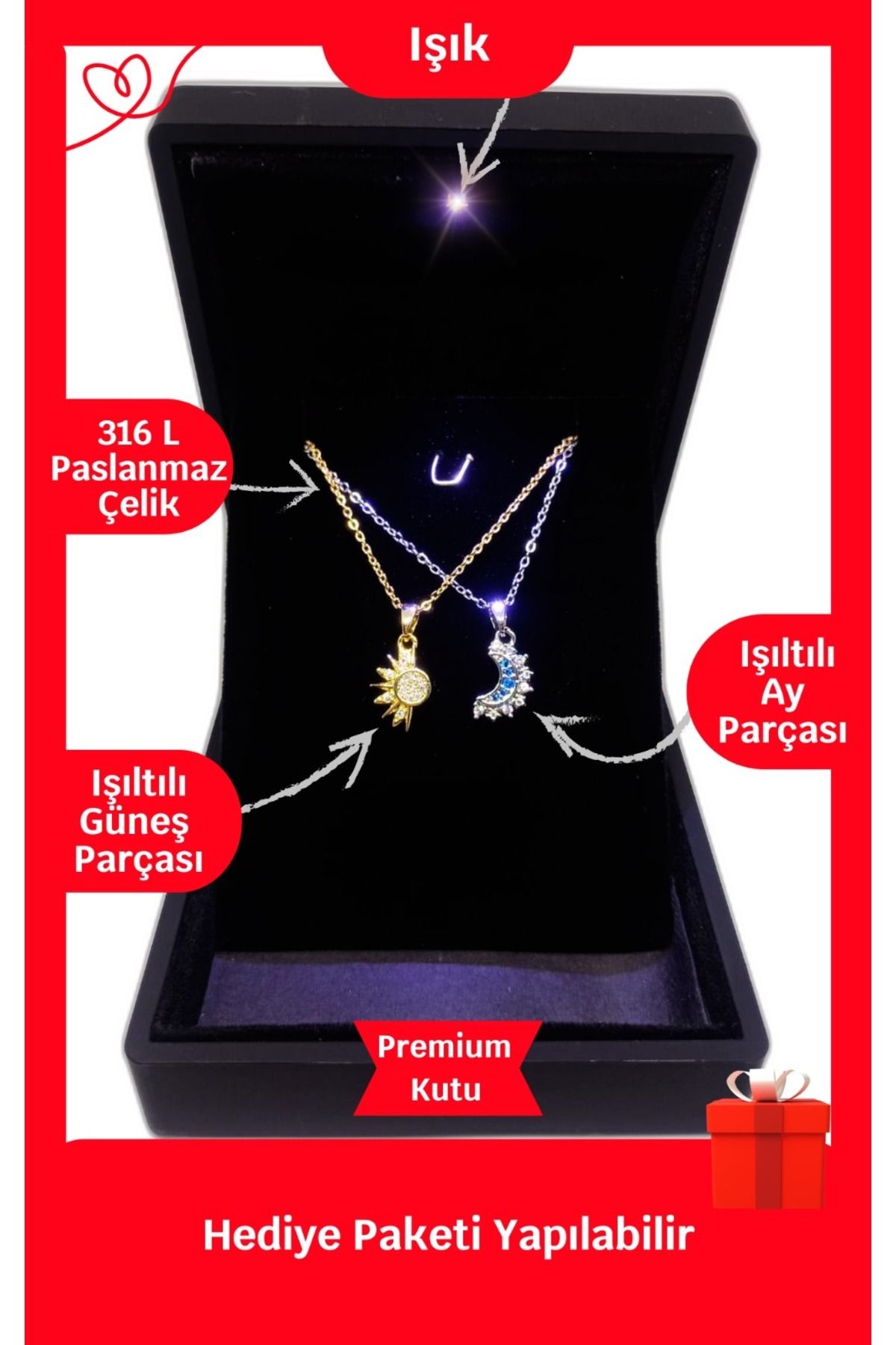 ganispe Işıklı Premium Kutuda Çift Kolye Güneş Ay