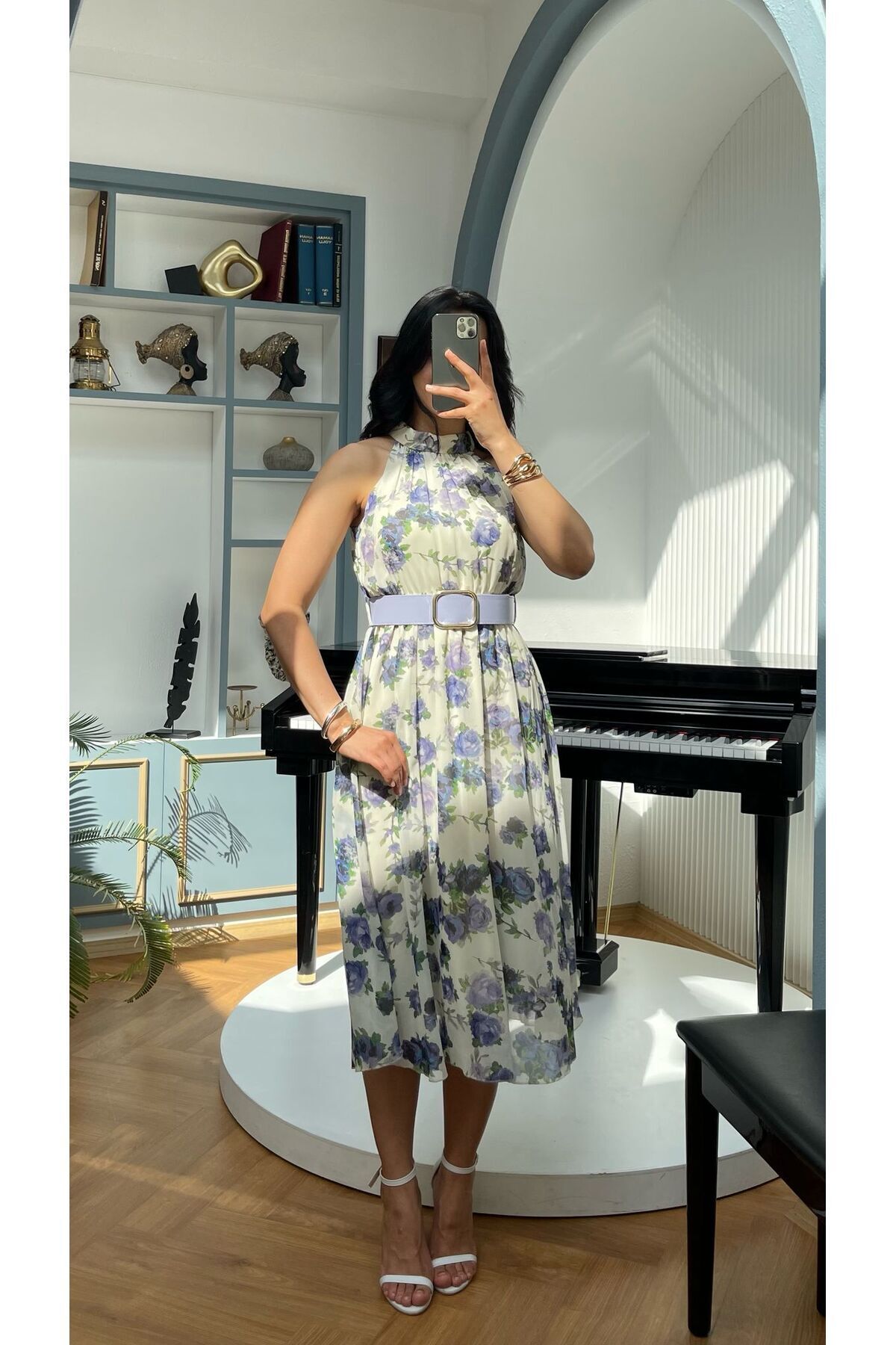NIDAFASHION-Halter Neck Belt Lined Chiffon Print Dress 4