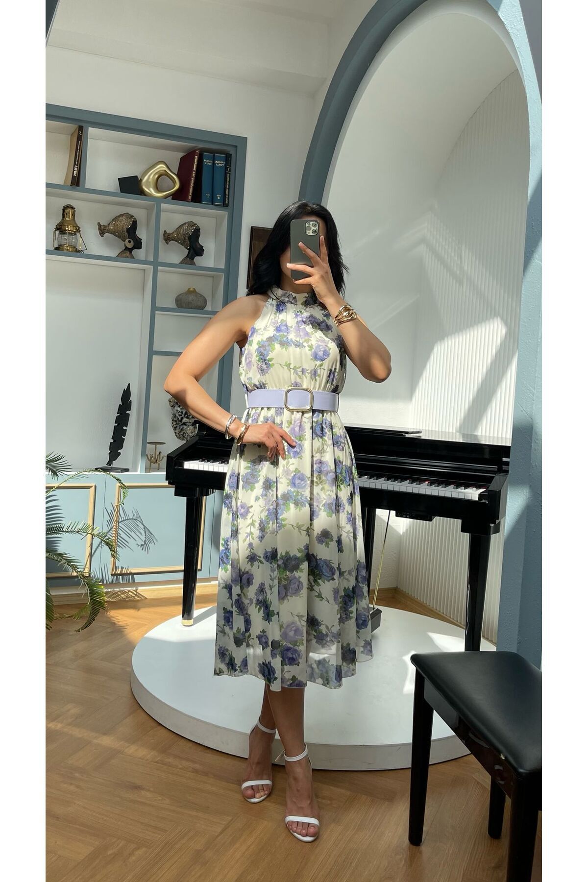 NIDAFASHION-Halter Neck Belt Lined Chiffon Print Dress 3