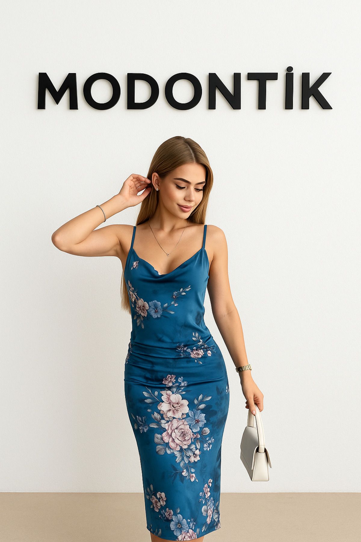 Modontik KADIN ÇİÇEK DESEN İP ASKILI YARIM YIRTMAÇ ASTARLI TÜL ELBİSE