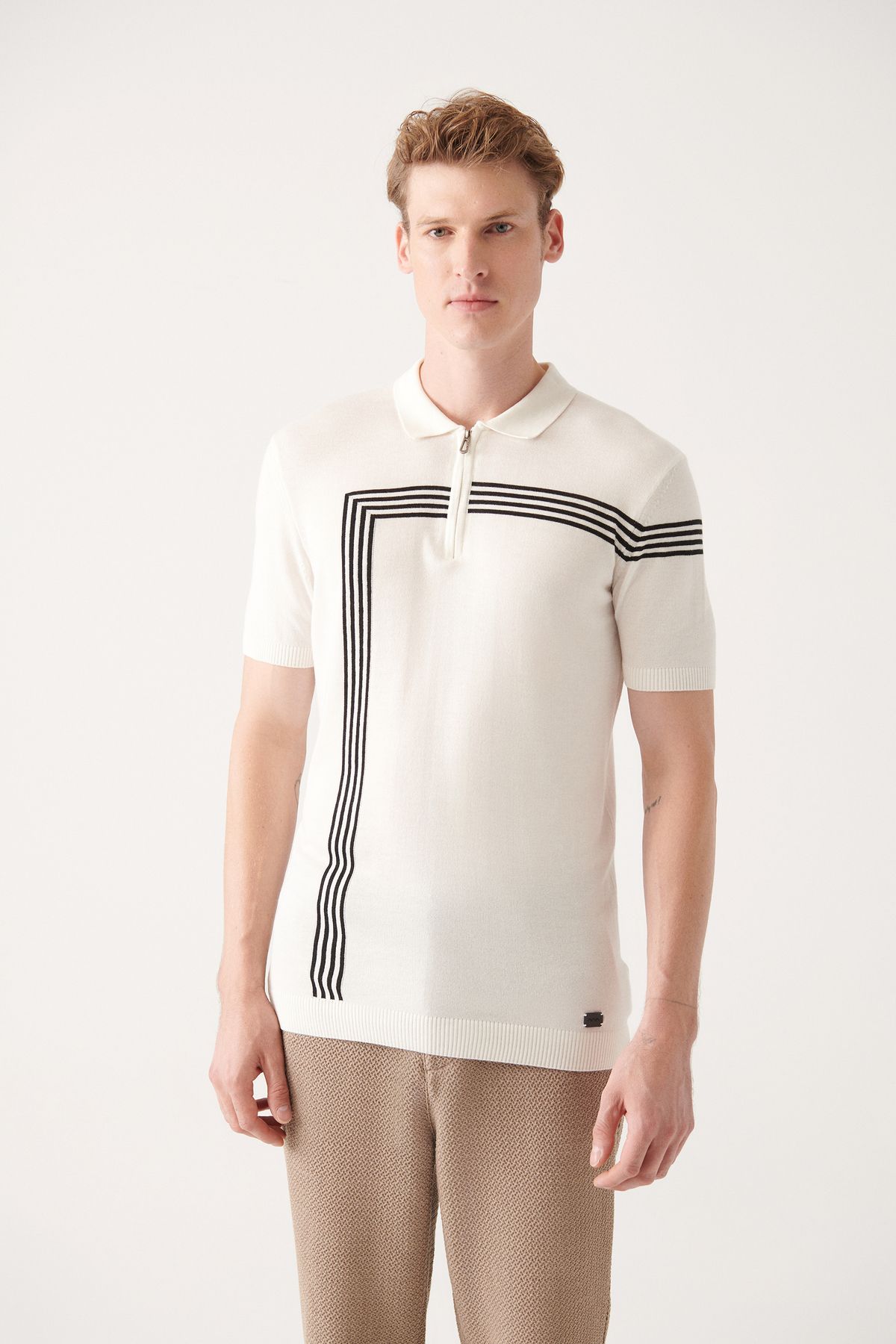 Avva-Men's White Zippered Stripe Detailed Polo Neck Knitwear T-Shirt A31Y5127 1