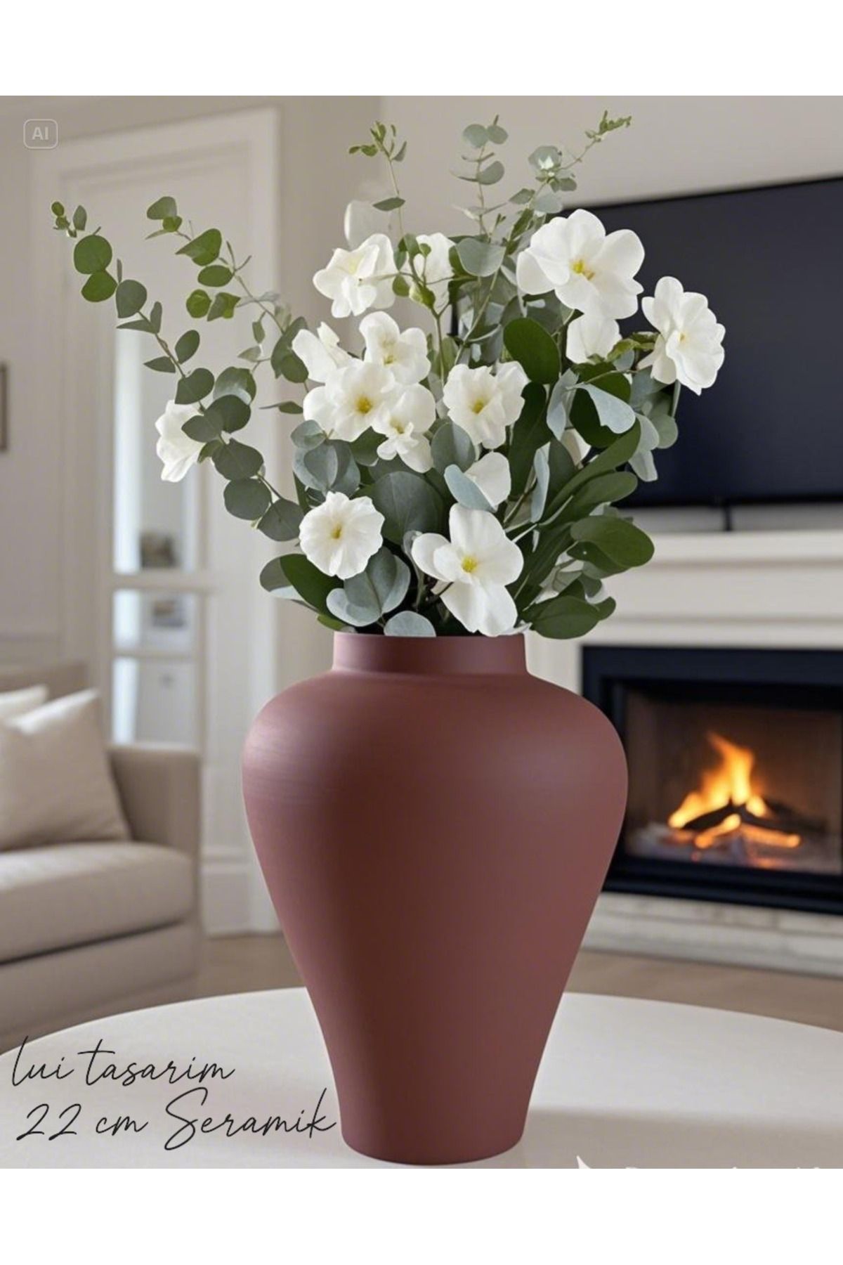 Lui Tasarım Kahverengi Seramik Küp Vazo 22 cm Dekorasyon Modern Minimalist Bohem Sade Şık