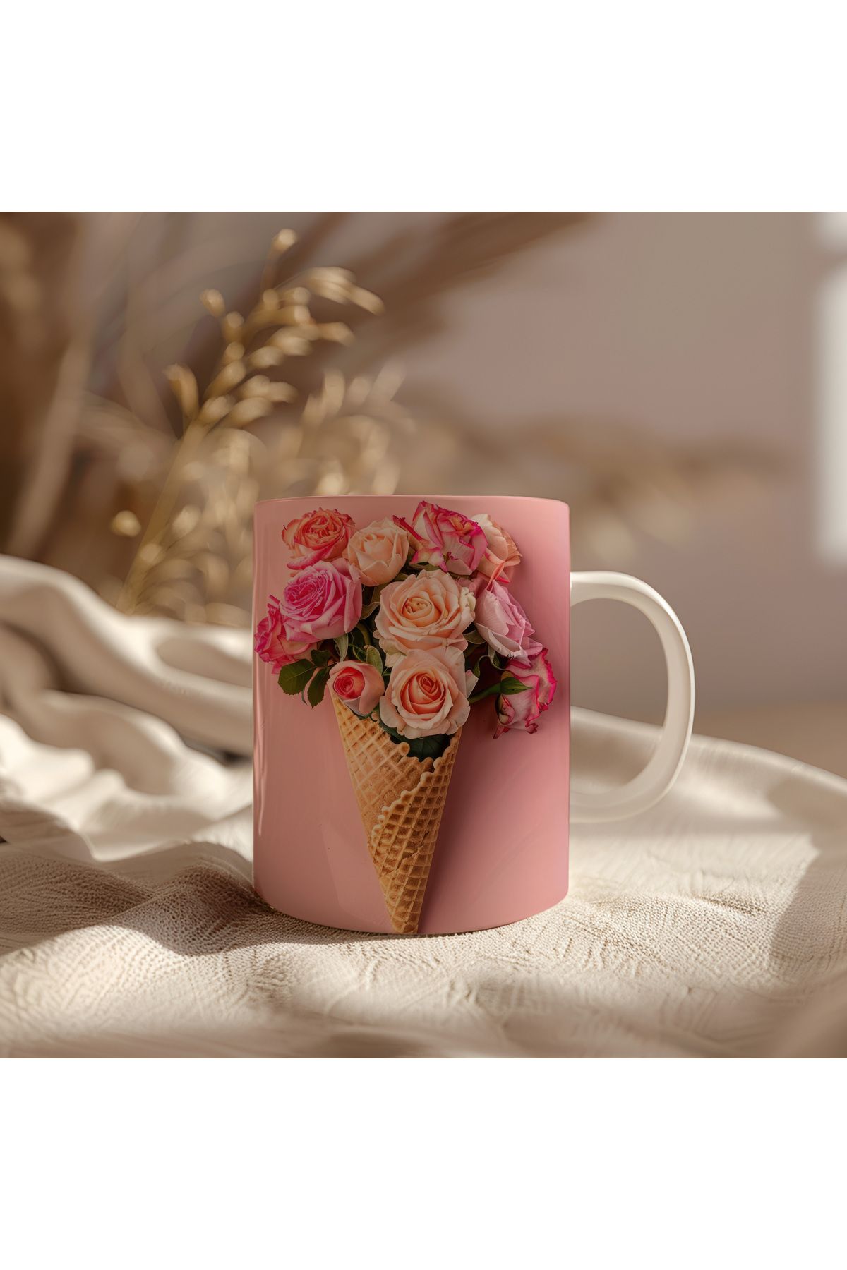 waspandhornet Pembe Çiçek Tasarımlı Kupa