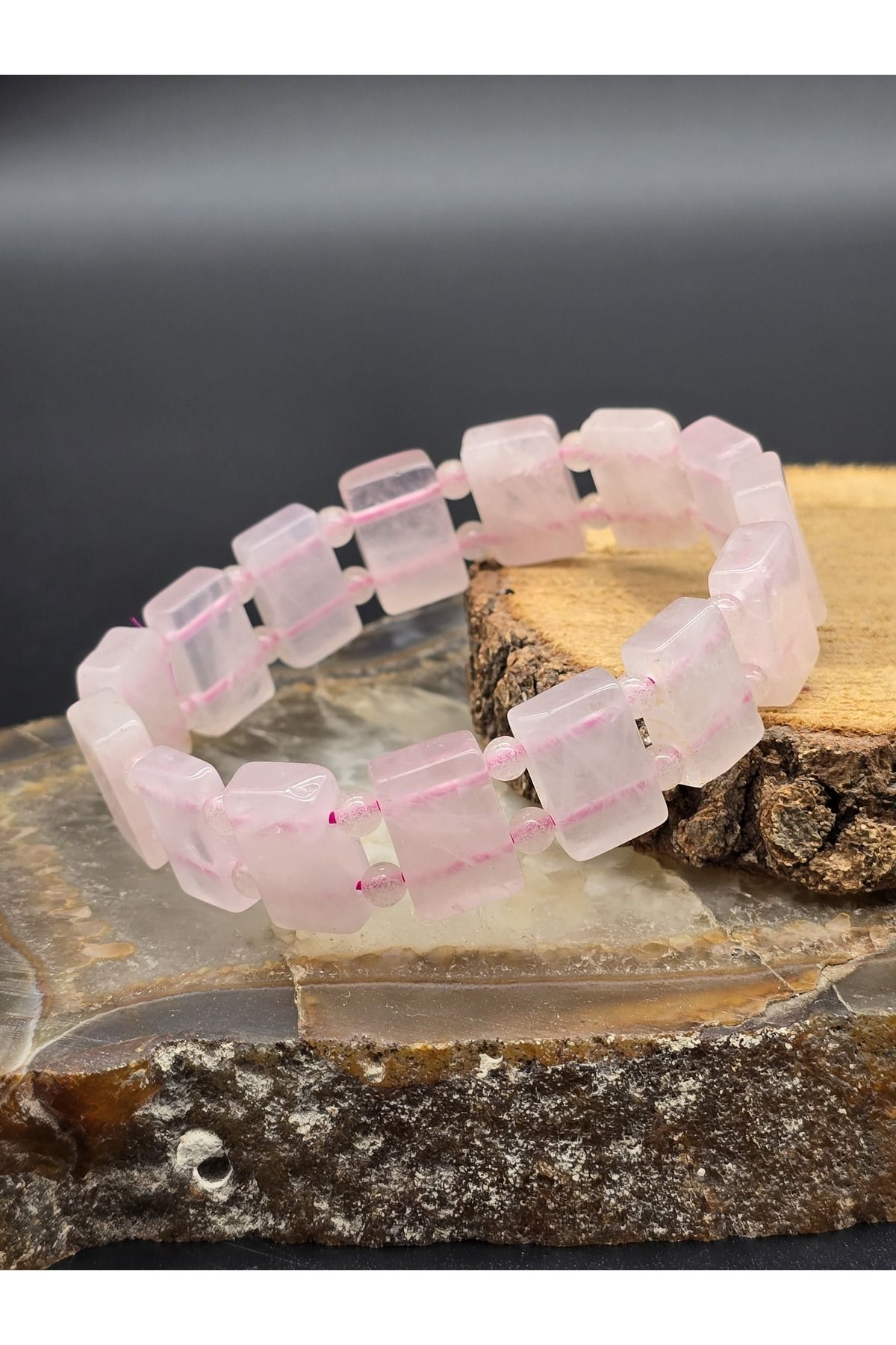 NBS Beautiful Naturel Stones Pembe Kuvars Tasarım Bİleklik 18 cm