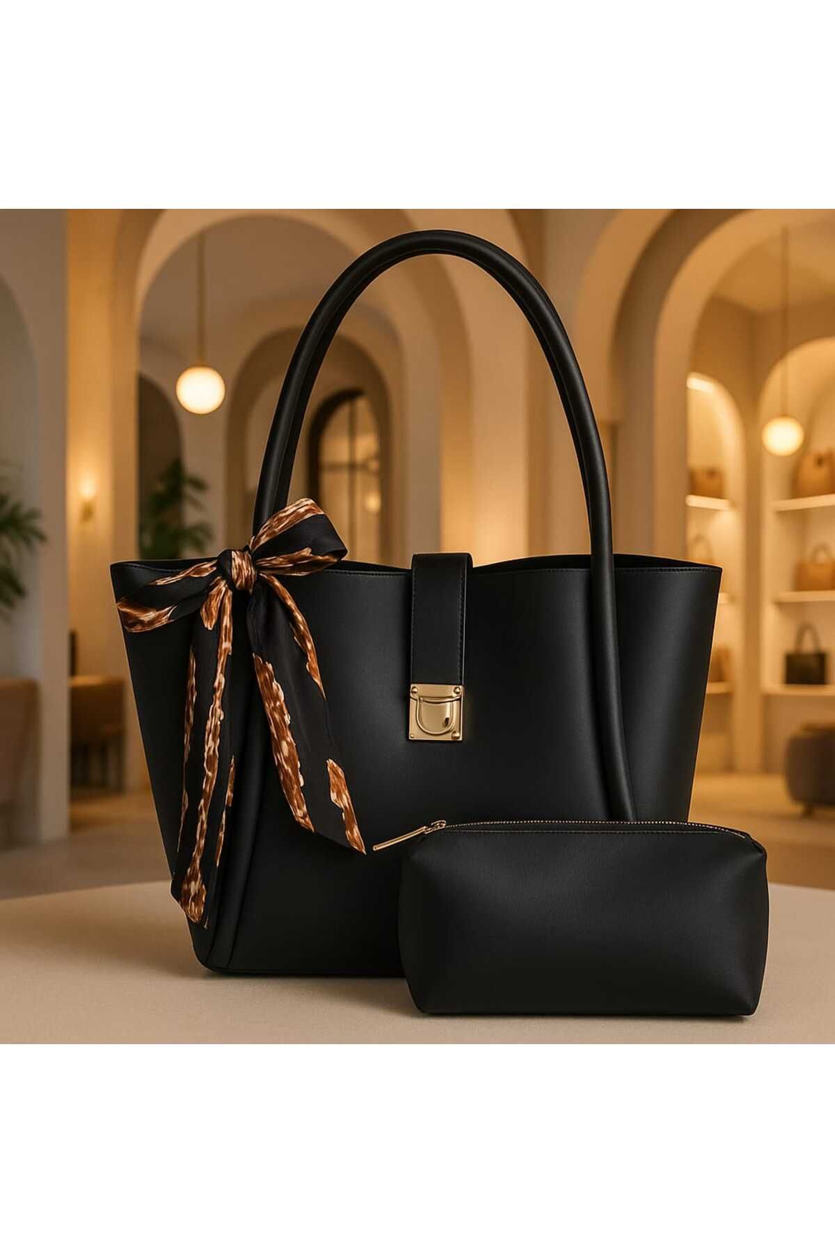 ROYAL LADYS Büyük Boy Çanta Gold Detaylı + Hediye Fular