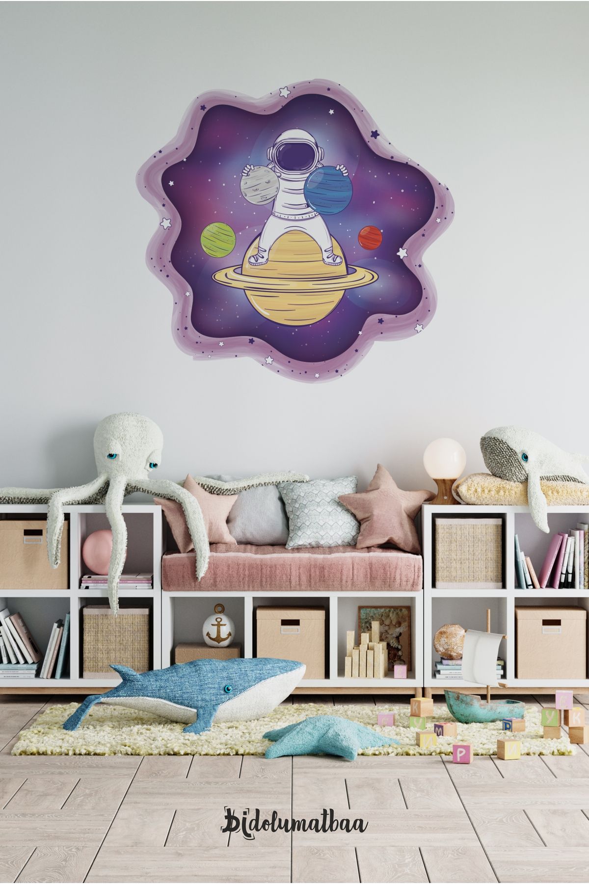 Bidolumatbaa Astronot Gezegenlerde Sticker Seti Çocuk Bebek Odası Uzay ve Gezegenler Temalı Sticker
