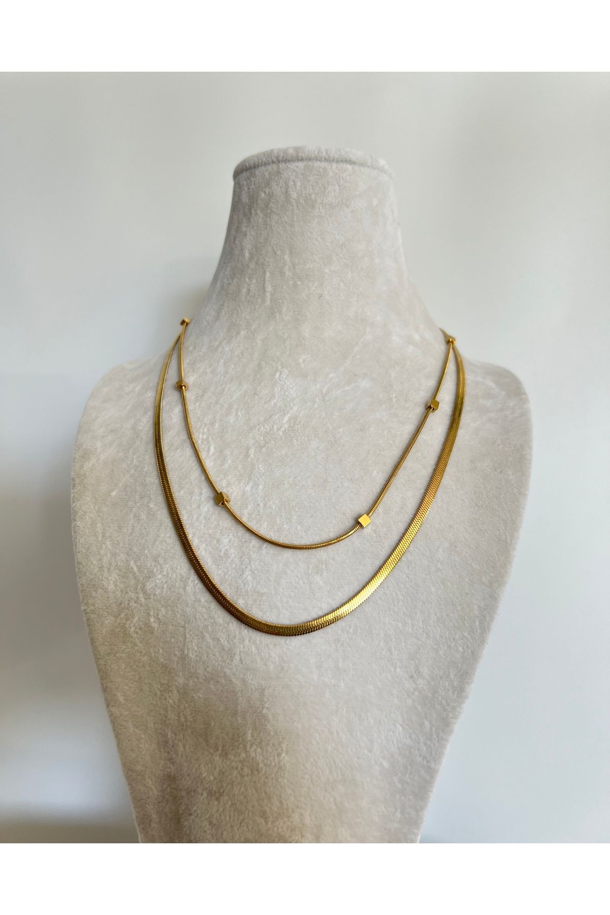 Enki Design Altın Kaplama İki Çelik Zincir Kolye