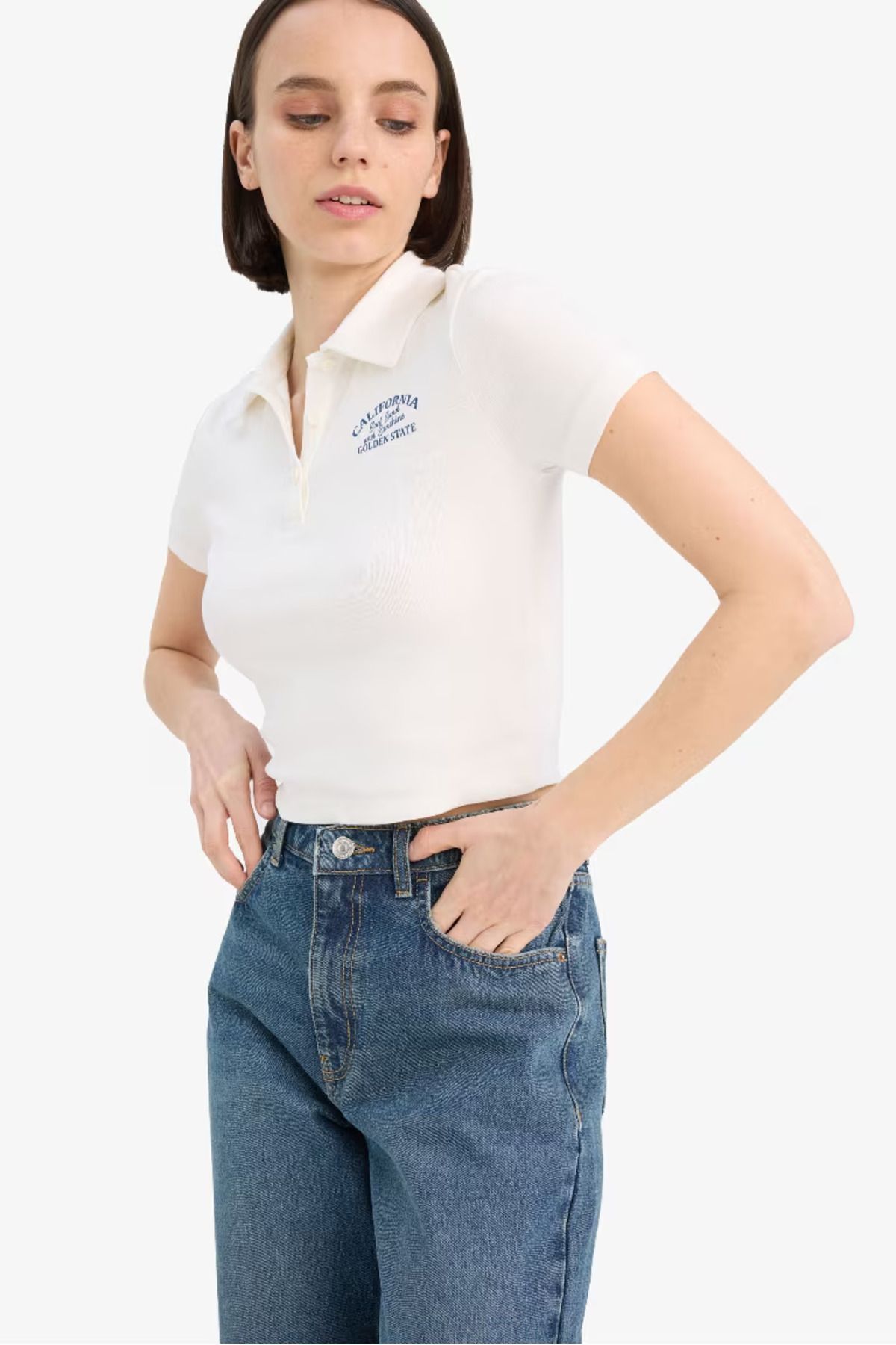 DeFacto Coool Fitted Baskılı Ribana Kısa Kollu Polo Beyaz Tişört