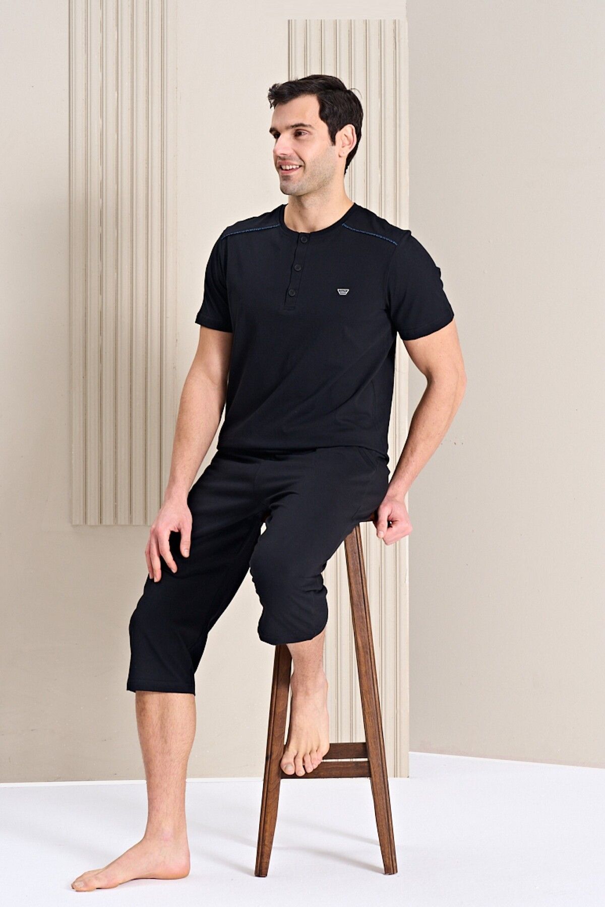 Over Sleep by Poleren Erkek Pijama Takımı Kapri & Bermuda Kısa Kol