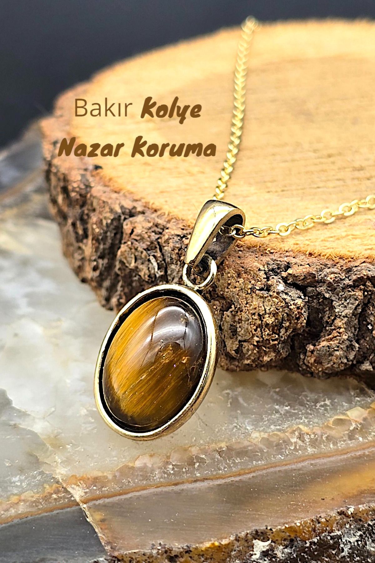 NBS Beautiful Naturel Stones Bakır Kaplan Gözü Kolye Trend Saf Bakır ( Kaplama Zincir ) ( Hediyelik , Günlük , Özel Günler )