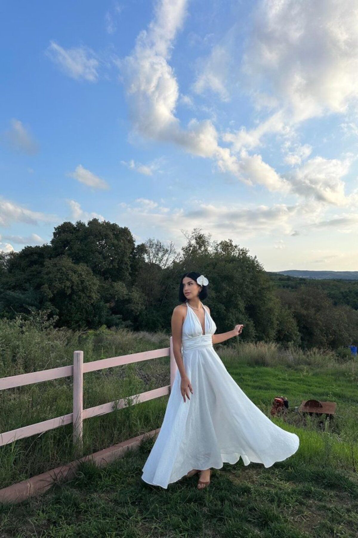 MRA Fashion Ekru Askılı Keten Elbise