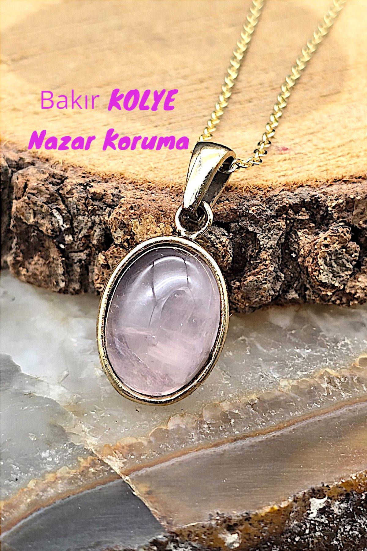 NBS Beautiful Naturel Stones Bakır Pembe Kuvars Kolye Trend Saf Bakır ( Kaplama Zincir ) ( Hediyelik , Günlük , Özel Günler )