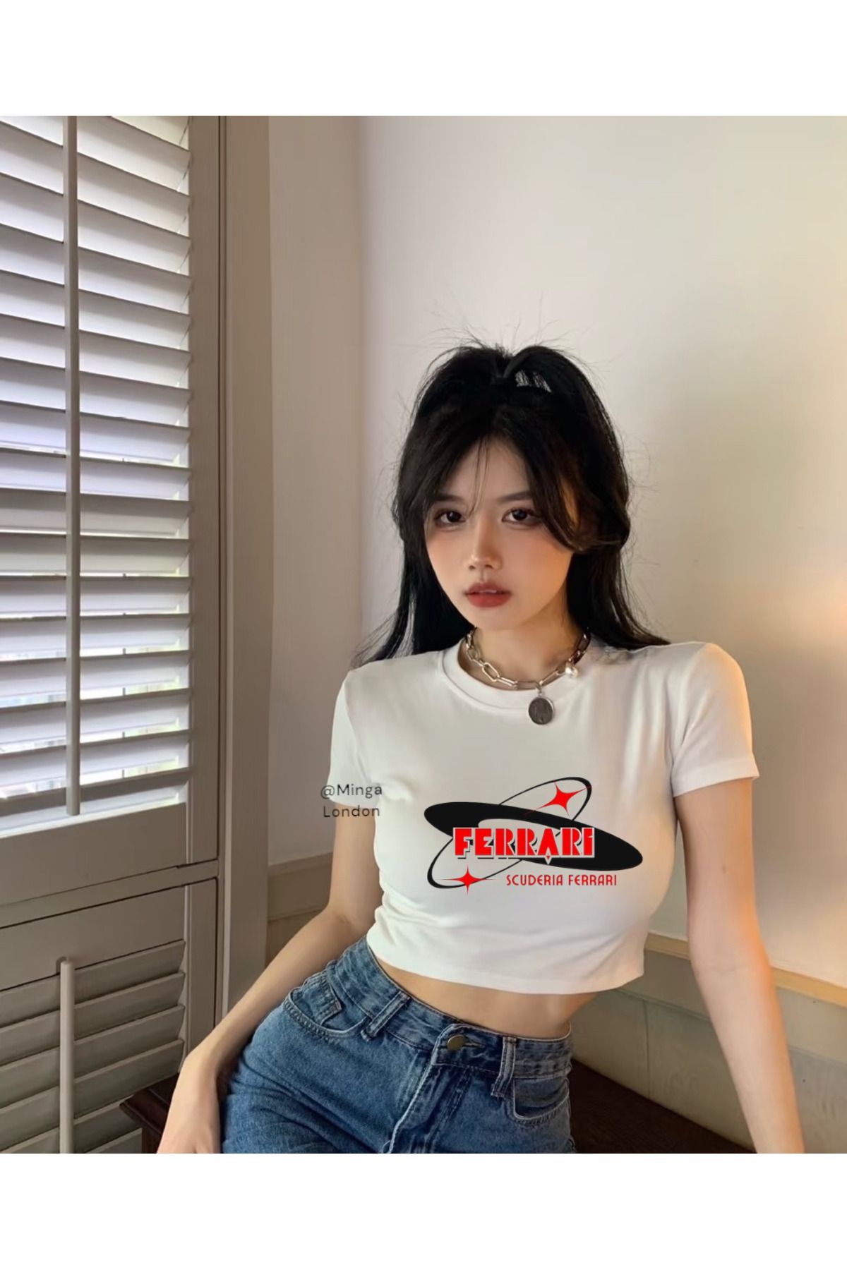 Minga London Beyaz Lux Car Logo Crop Bluz- Ghostella