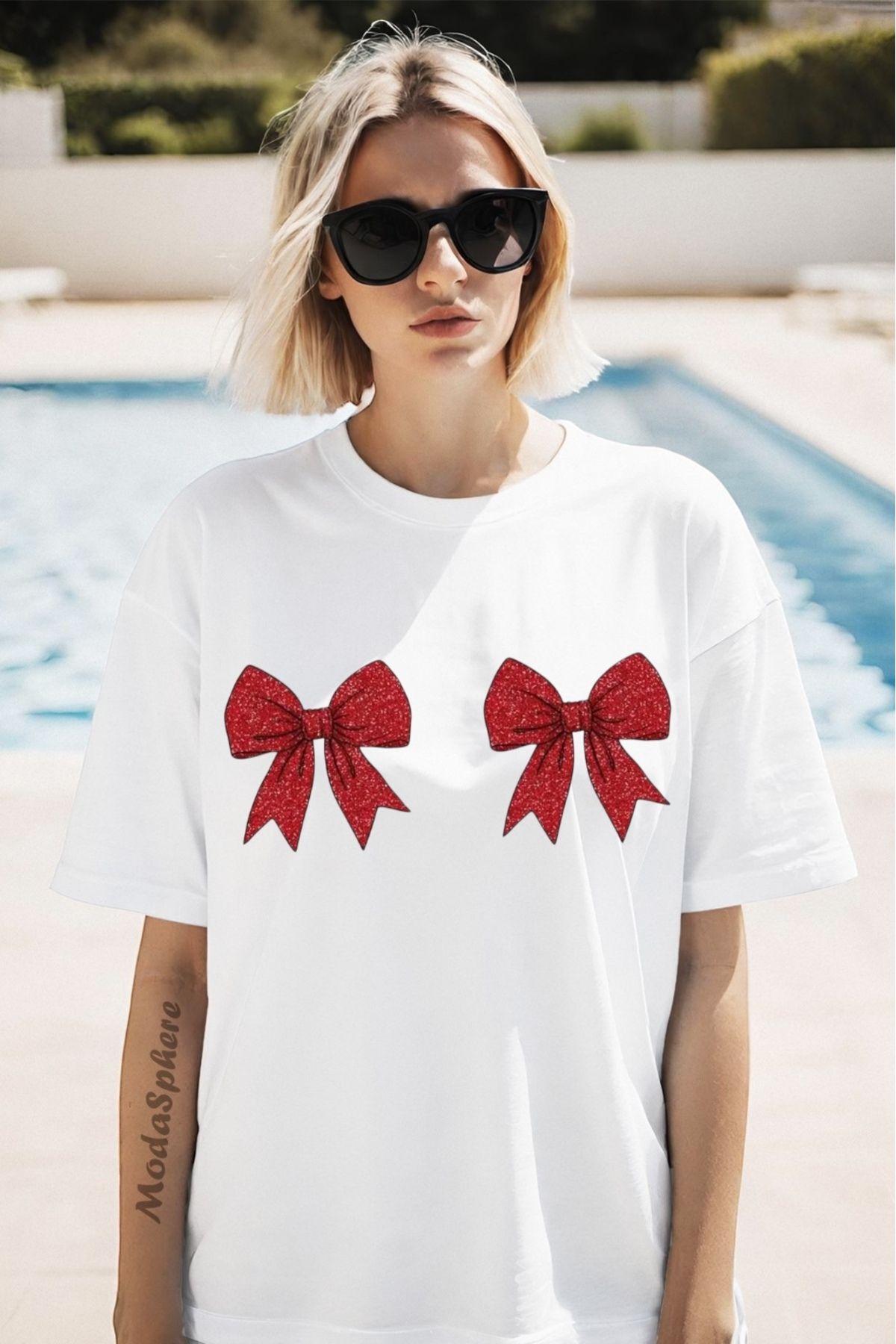 ModaSphere Christmas Yıllbaşı Glittering Bow Baskılı Unisex Oversize Tişört Battal Boy