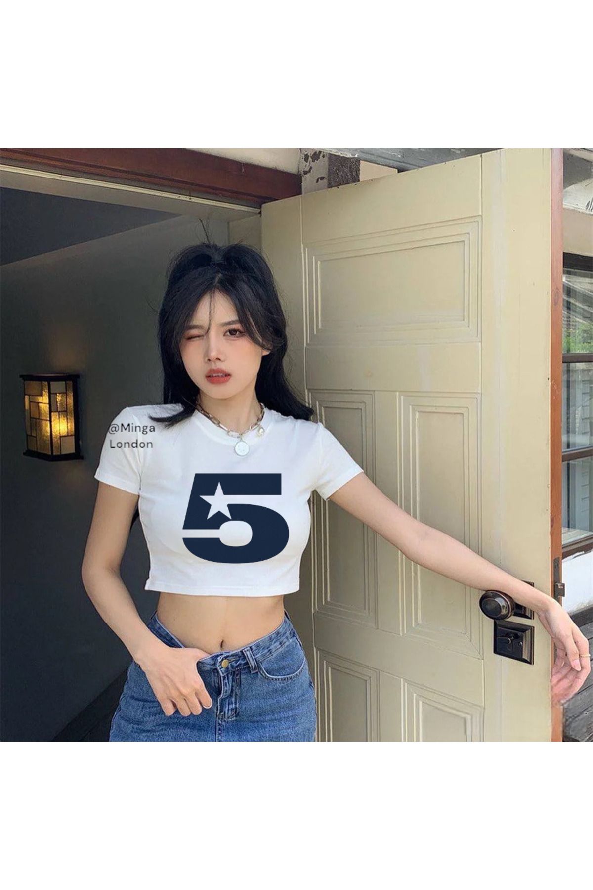 Minga London Beyaz Star Blue Five 5 Crop Bluz- Ghostella