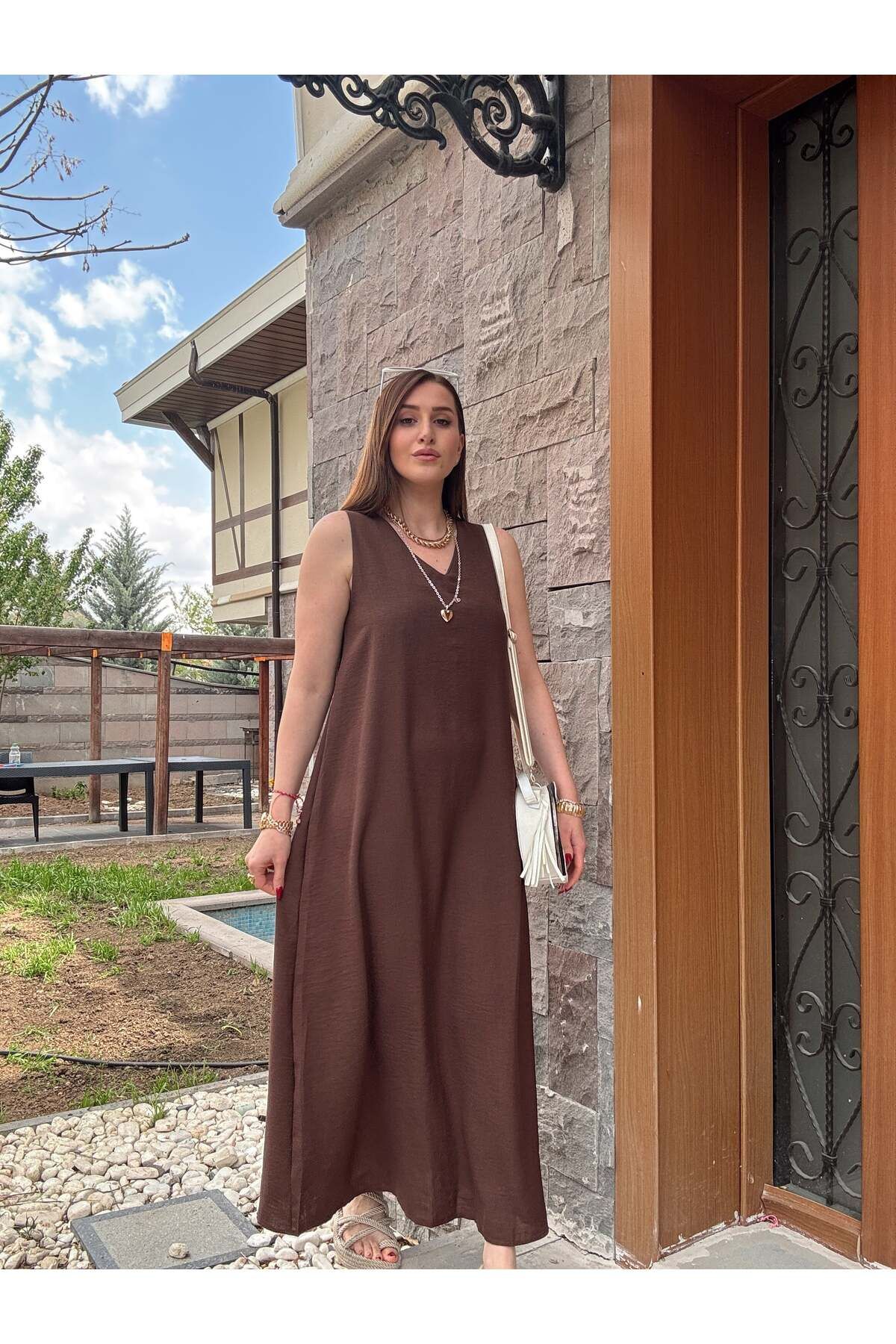 TubaEKEN Kalın askılı keten elbise KAHVERENGİ