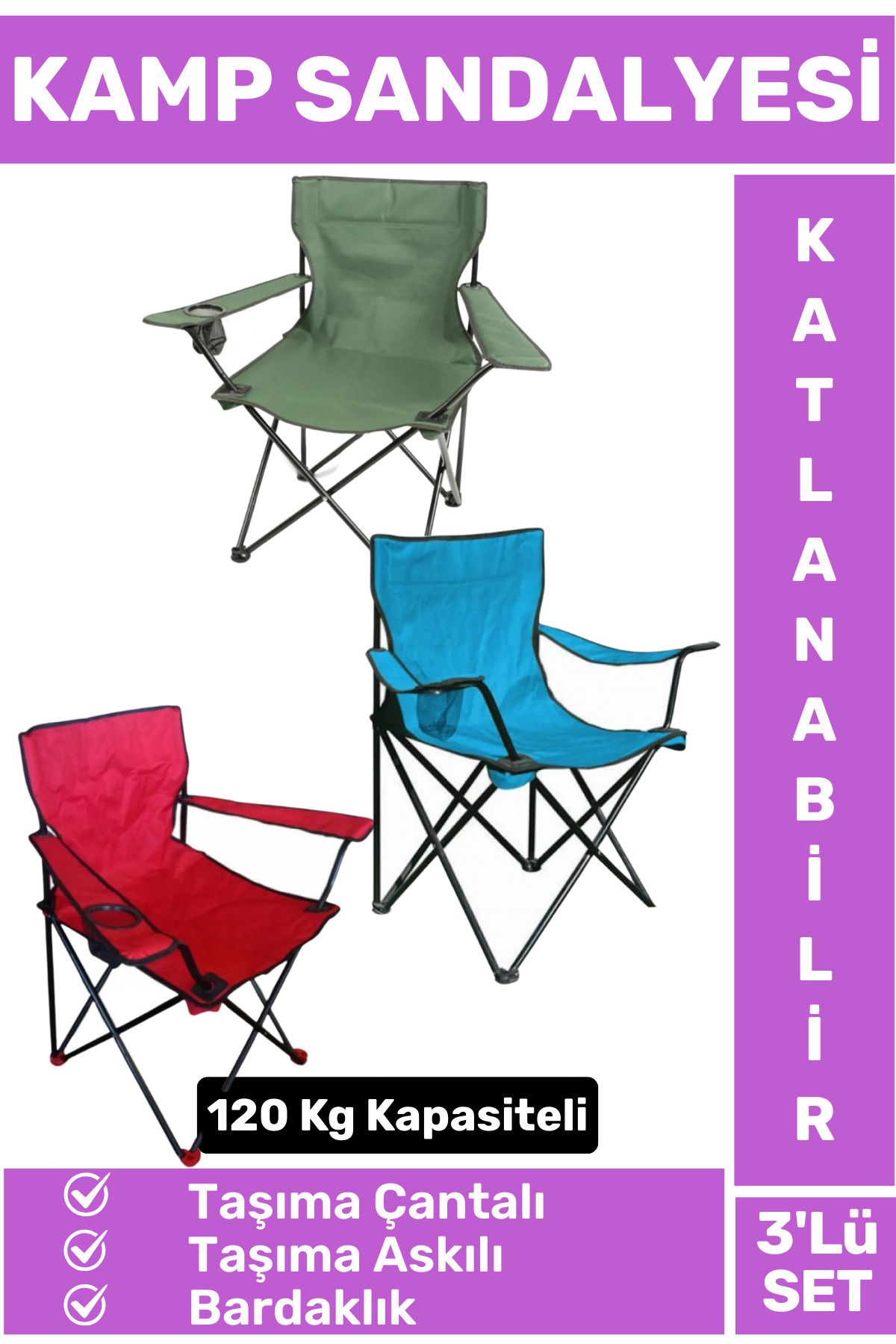 Wintoup Premium 120 Kg Dayanıklı Çantalı Taşıma Askılı Bardaklık Balık Piknik Sahil Kamp Sandalyesi 3'lü SET