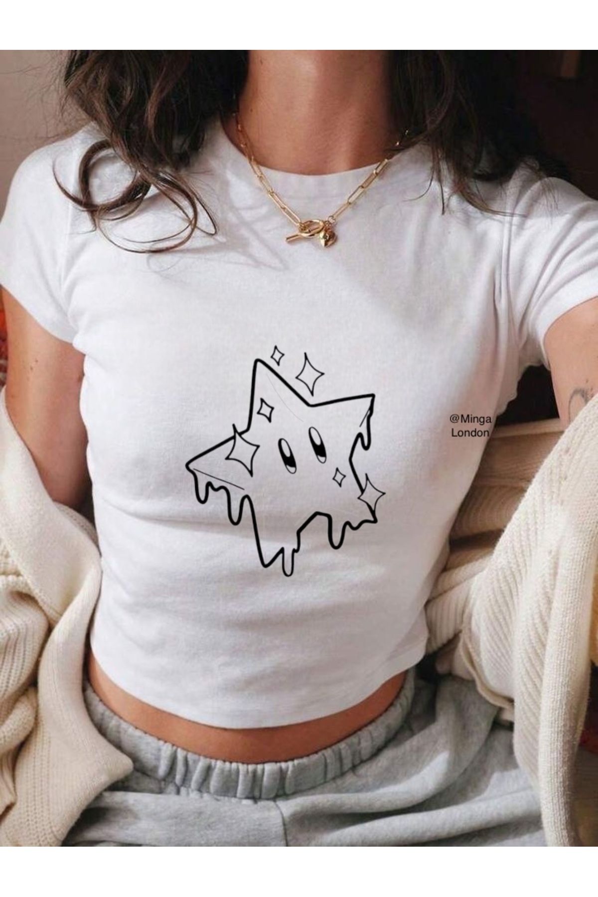 Minga London Beyaz Cute Star Crop Bluz- Ghostella