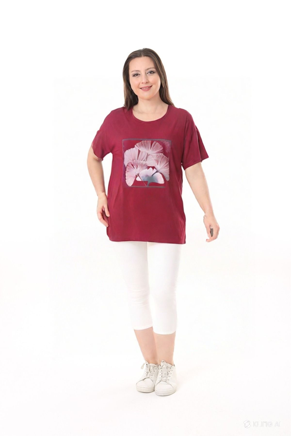 KSV Collection Kadın Bordo Ginkgo Desenli Oversize T-Shirt