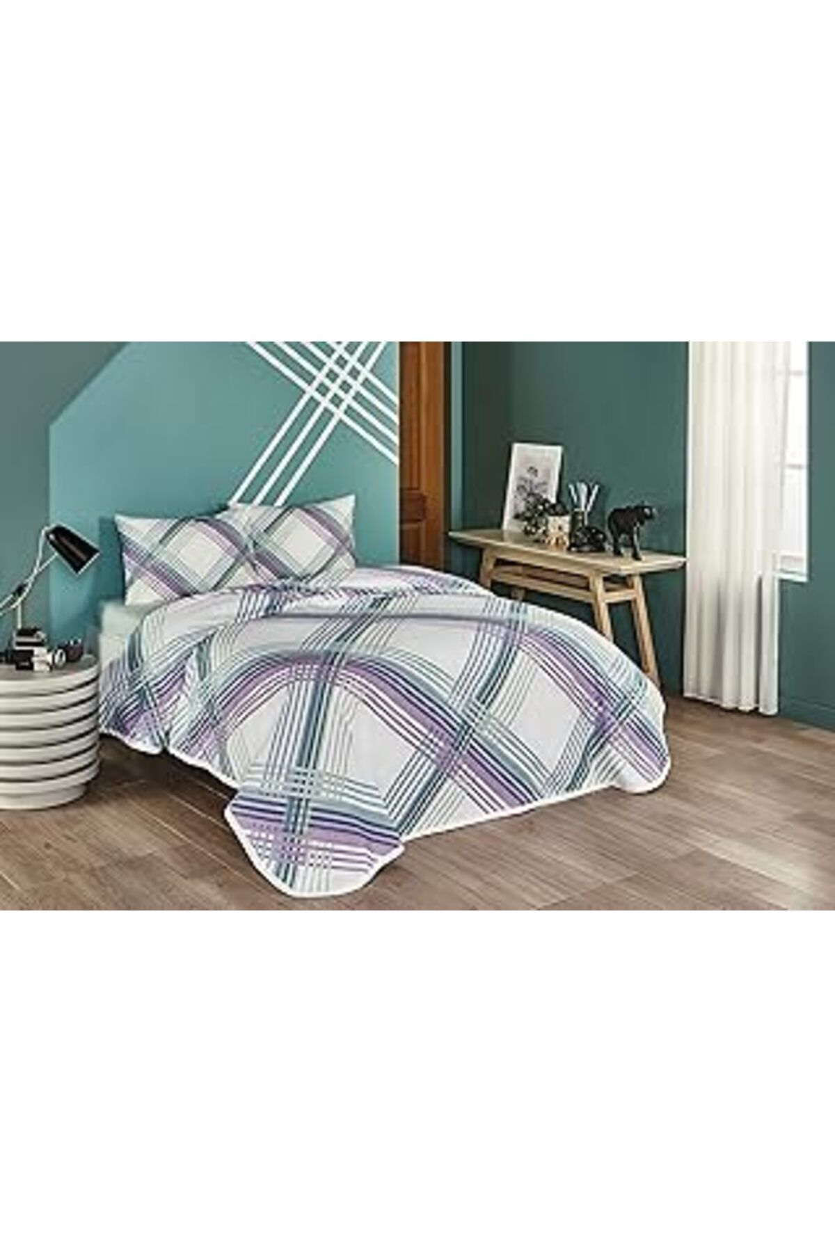Pazarcan Taç Lewis Geometrik Desenli%100 Pamuk Pike Takımı, Mint, Tek Kişilik (pike: 160x230 Cm/lastikli Çar