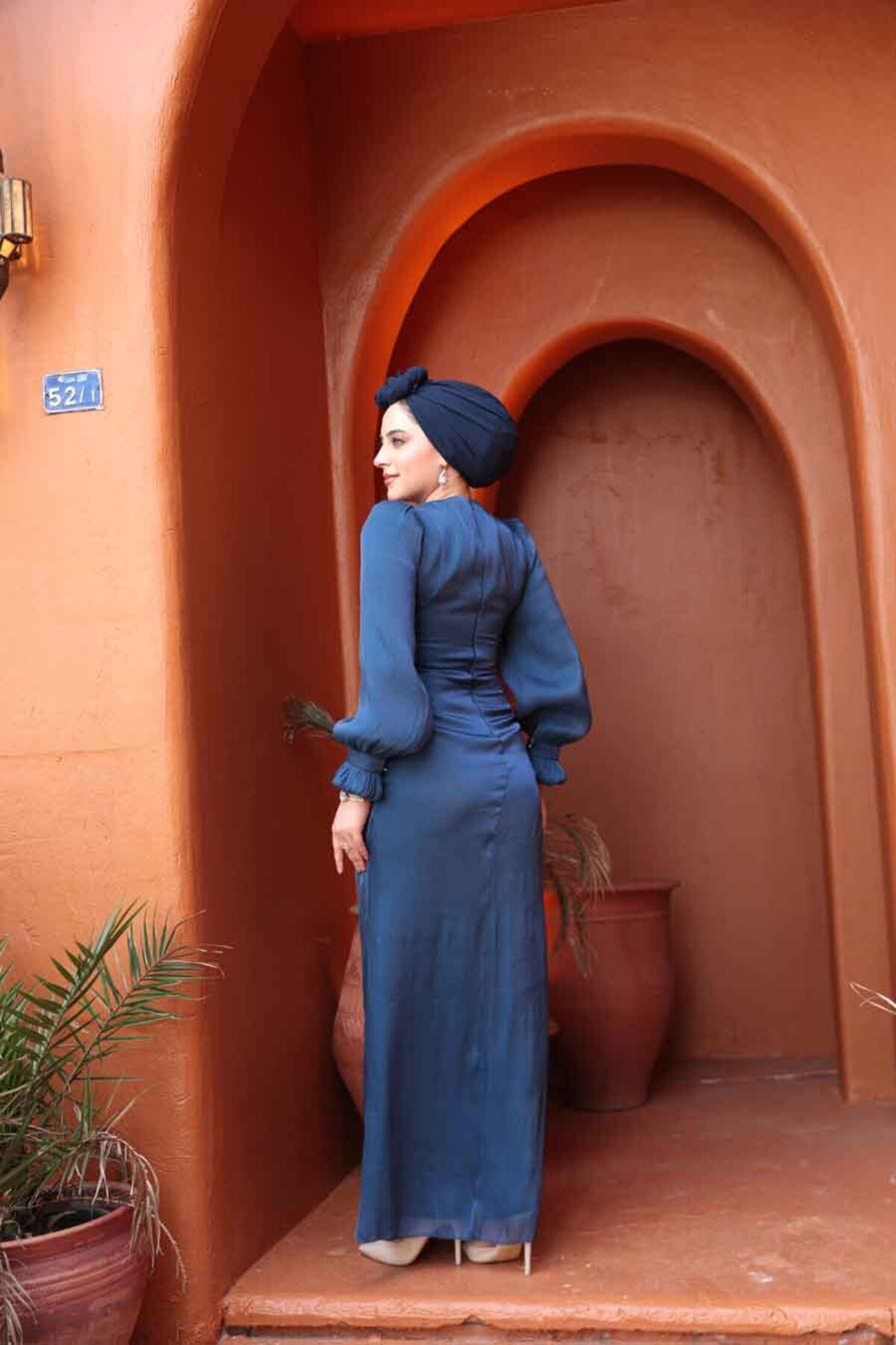 N.S NEVA STYLE-Draped Navy Blue Hijab Evening Dress 51512L 3