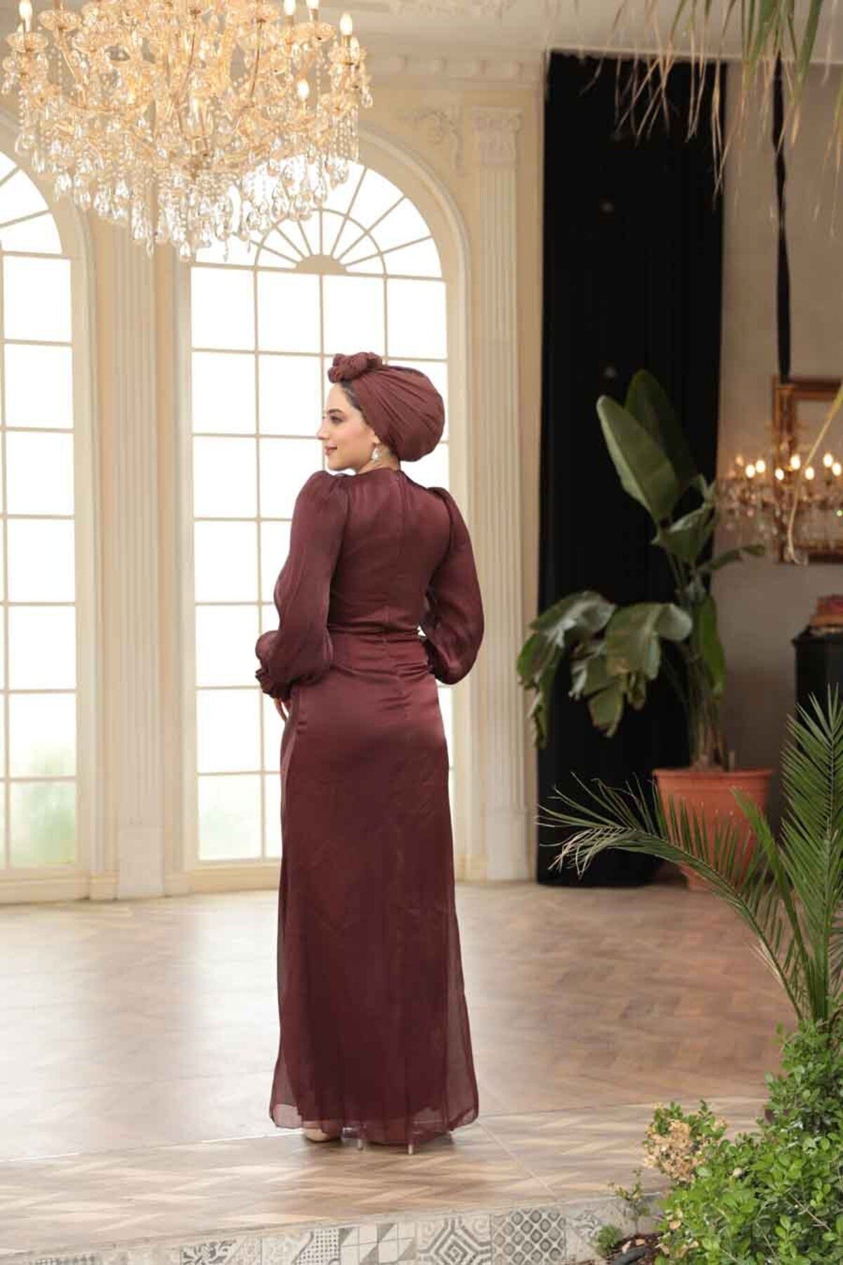 N.S NEVA STYLE-Draped Brown Hijab Evening Dress 51512Kh 4