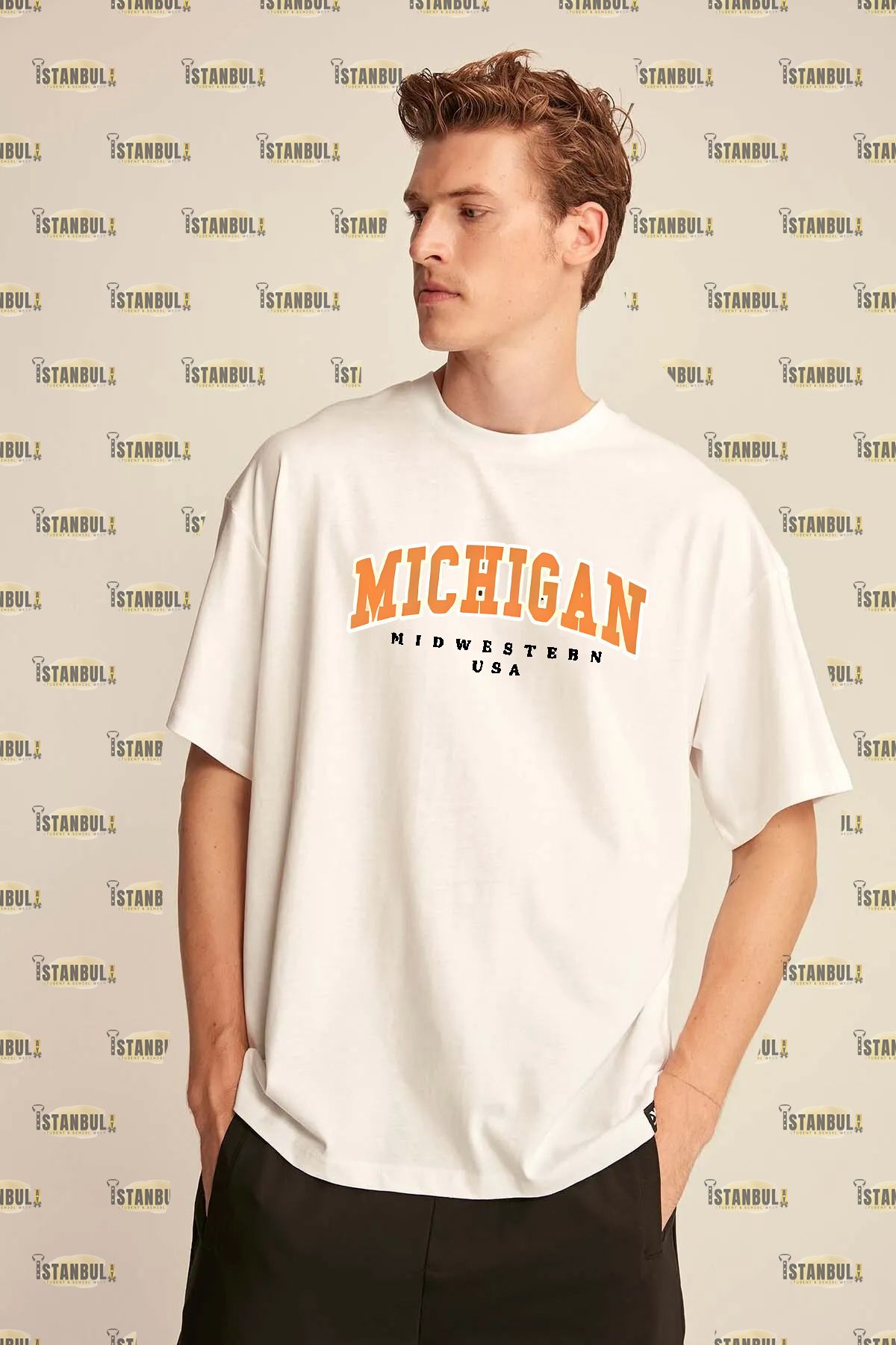 ELNOYA Unisex Oversize Tişört | Michigan Midwestern USA Baskılı Beyaz T-Shirt