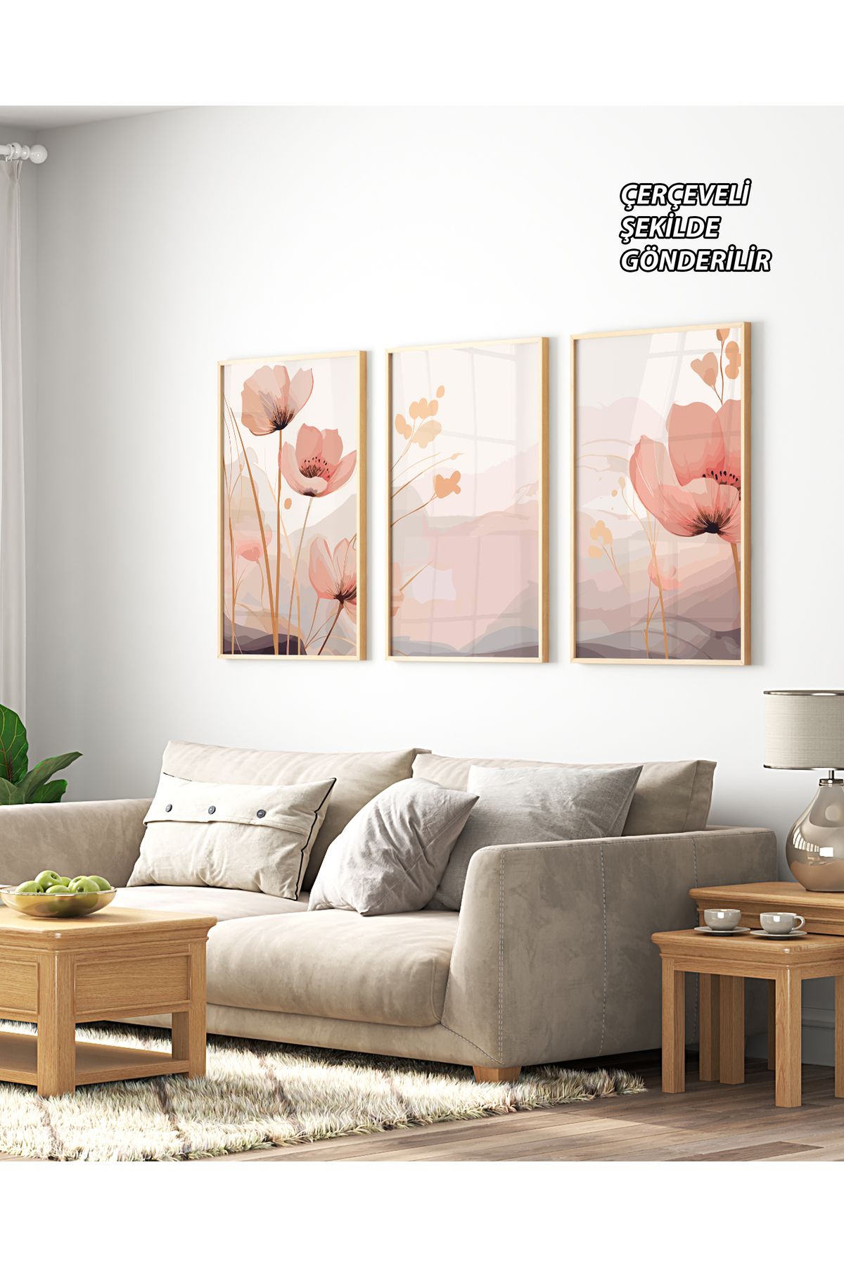 çınararthome 3 Lü Çiçekli Duvar Tablo Çerçeveli Poster