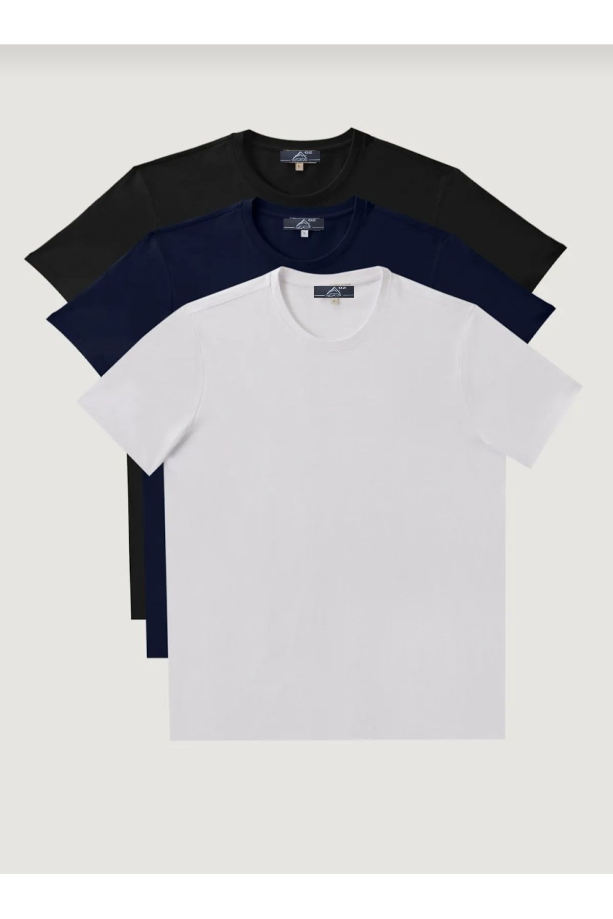 a02teks Erkek 3'lü Siyah Beyaz Lacivert %100 Pamuk Bisiklet Yaka Standart Fit Normal Kesim T-shirt