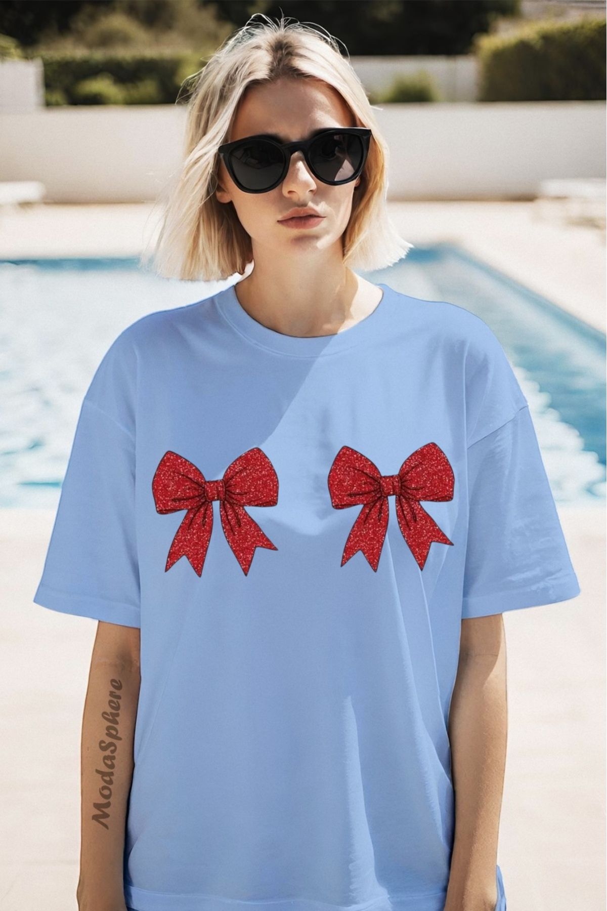 ModaSphere Christmas Yıllbaşı Glittering Bow Baskılı Unisex Oversize Tişört Battal Boy