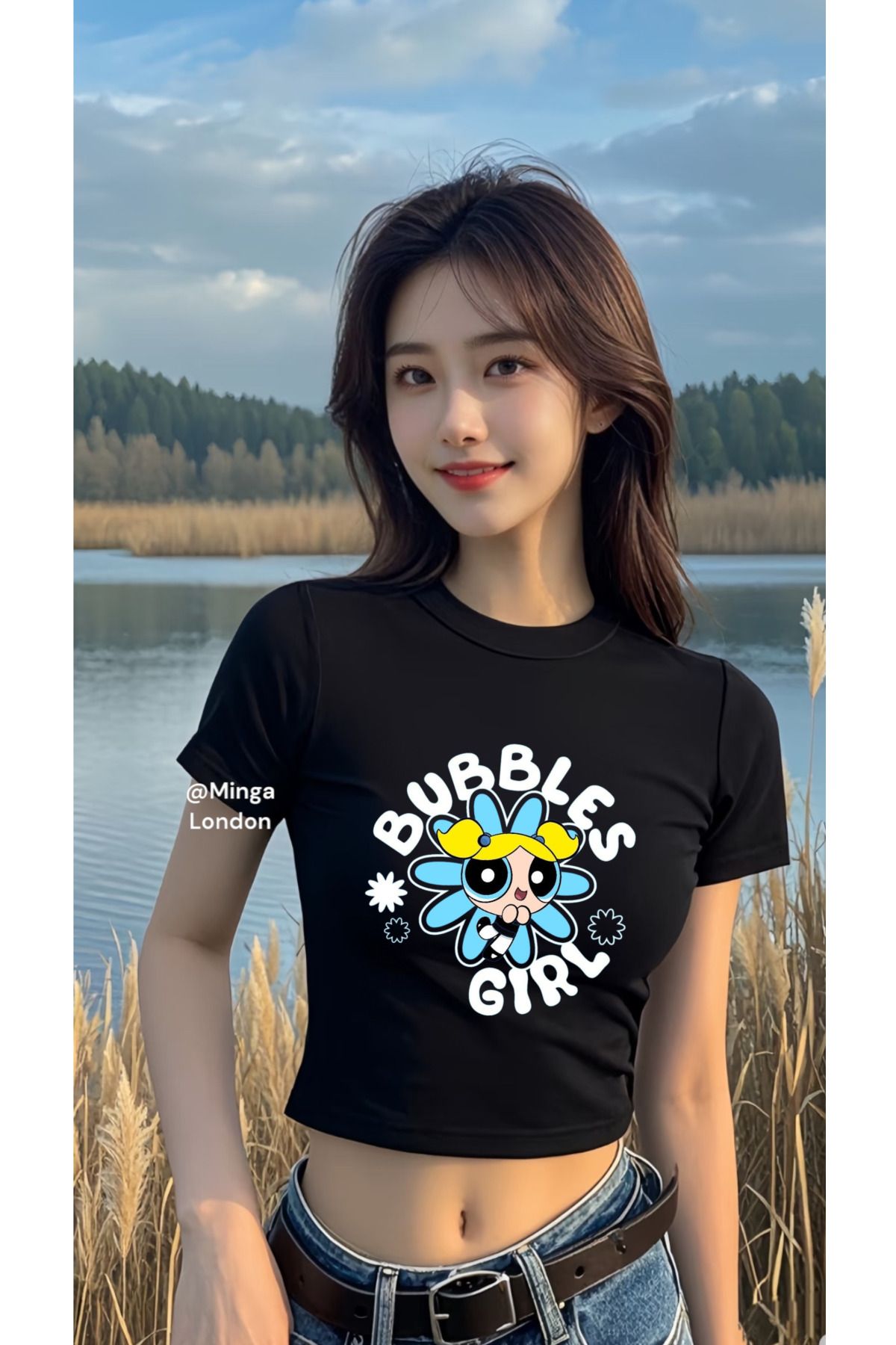 Minga London Siyah Bubbles Girl Written Crop Bluz- Ghostella