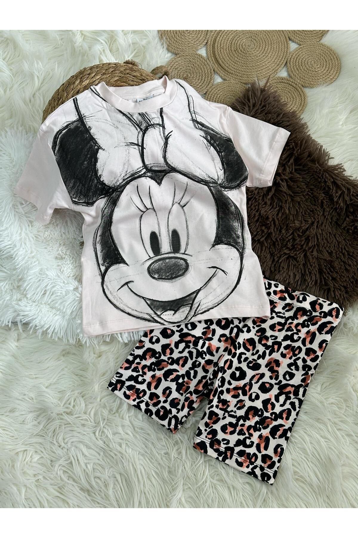 babymoon kids Kız Çocuk Minnie Mouse Baskılı Leopar desen taytlı 2'li Takım - Kısa Kollu Tişört ve Leopar Tayt