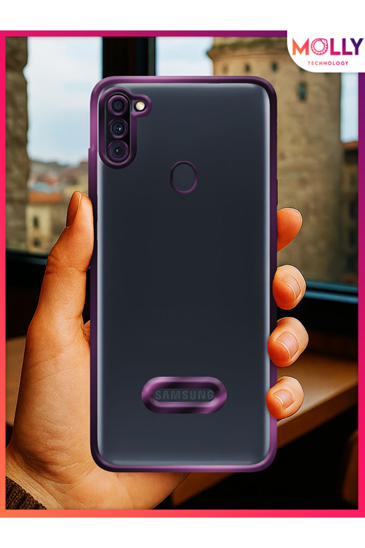 Molly Samsung Galaxy A11 İçin Kenarları Derin Mor Lens Koruyuculu Lou Lazer Şeffaf Silikon Kılıf